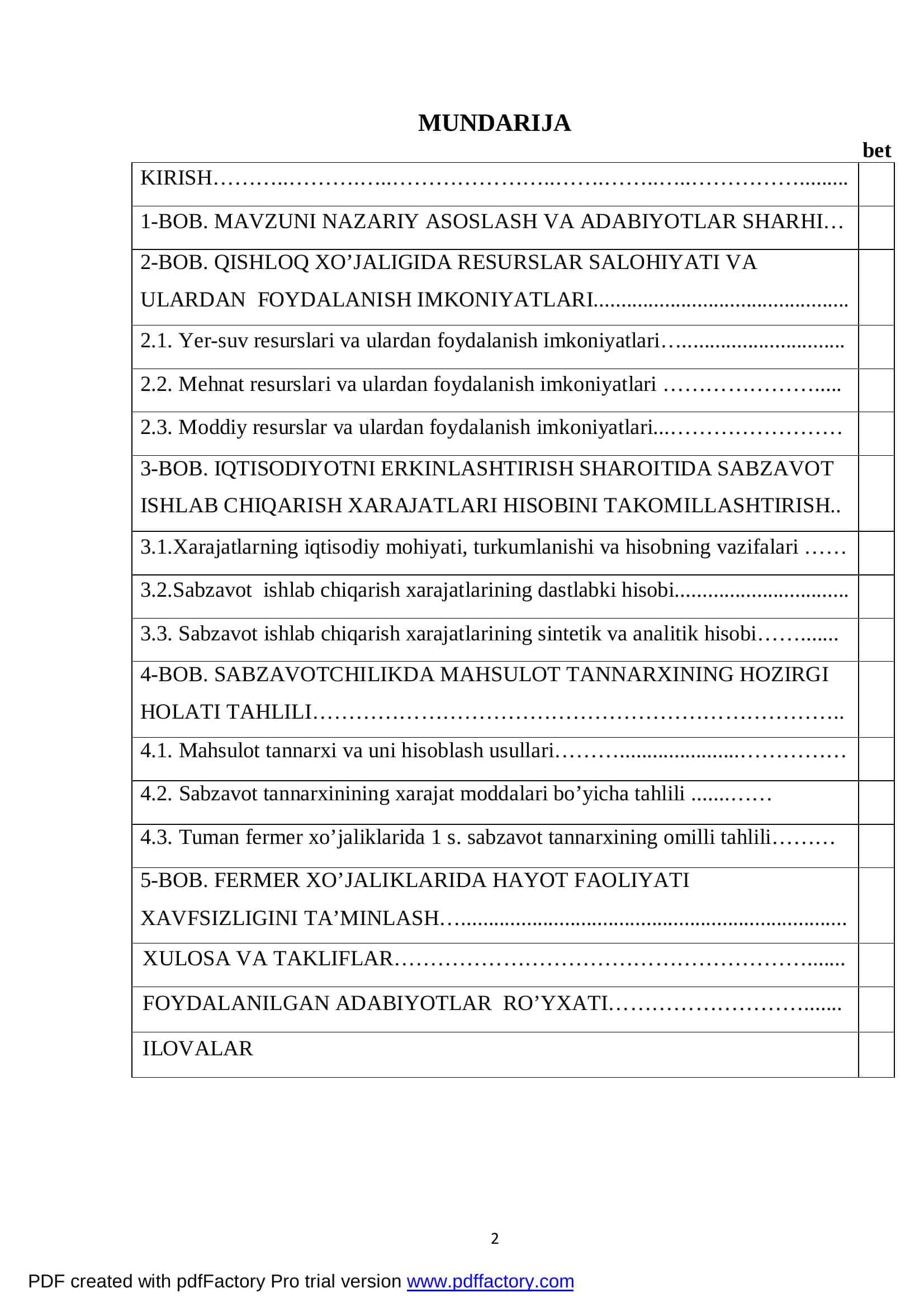 Sabzavot ishlab chiqarish xarajatlari hisobi va mahsulot tannarxining tahlili 2