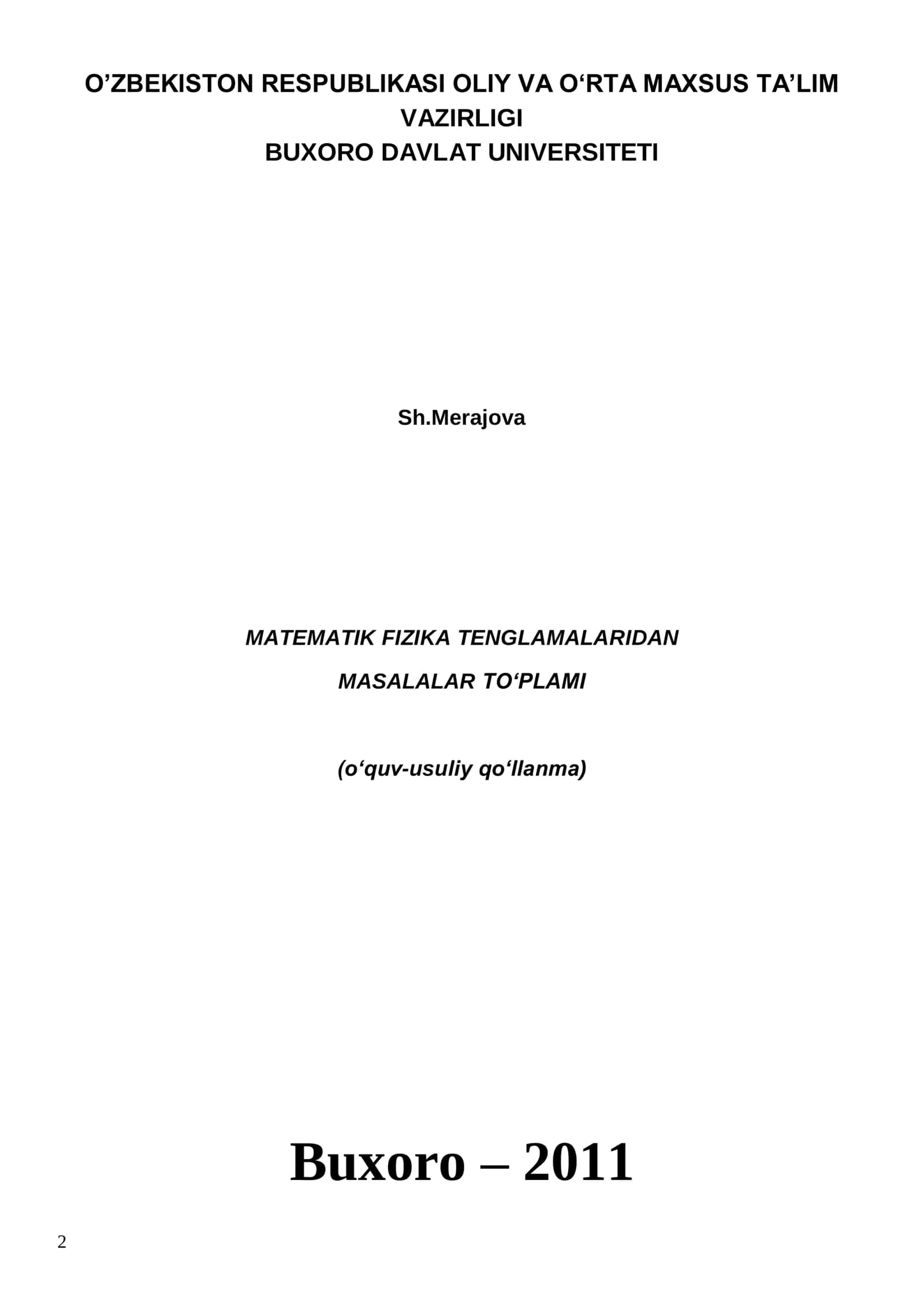 MATEMATIK FIZIKA TENGLAMALARIDAN MASALALAR TO‘PLAMI 2