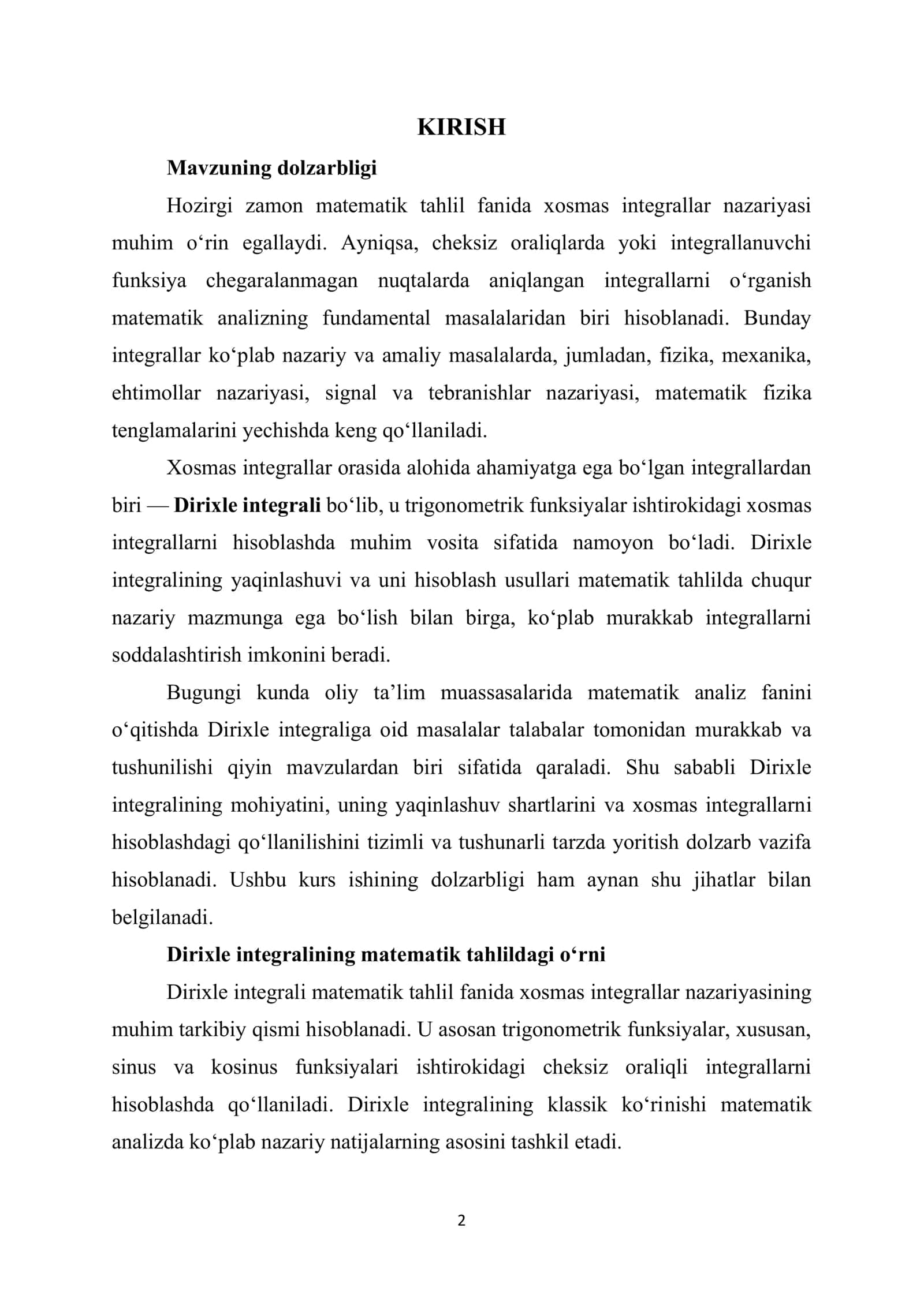 Dirixle integralini hisoblash va uning ba’zi bir xosmas 2
