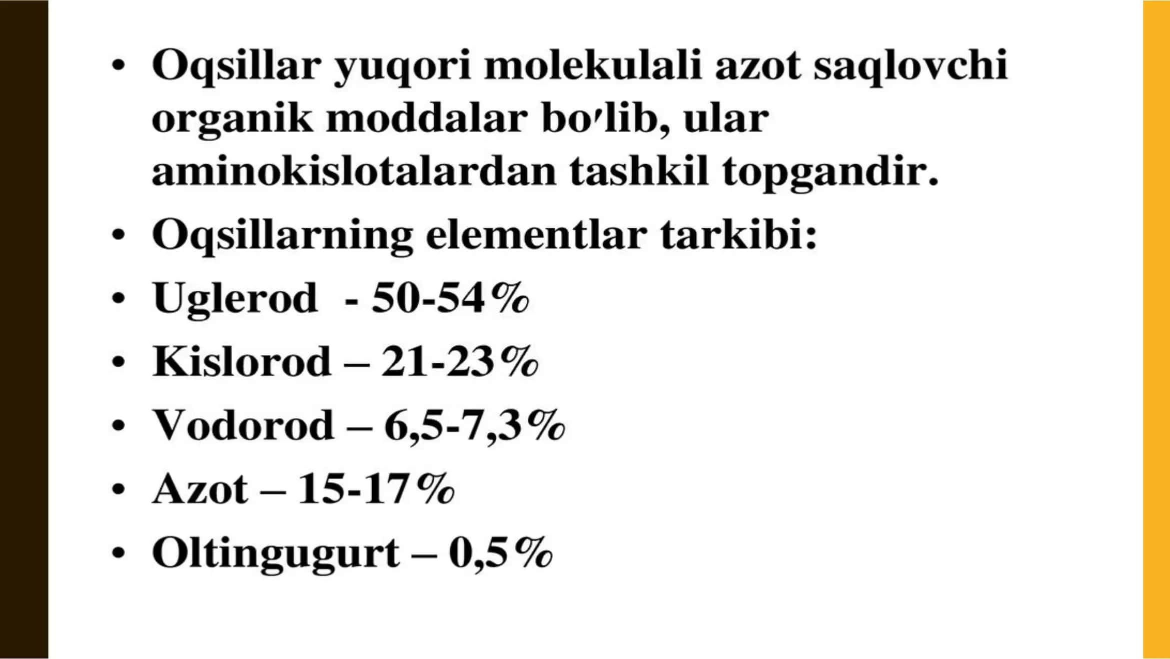 Oqsillarning tuzilishi, xossalari va biologik vazifalari 2