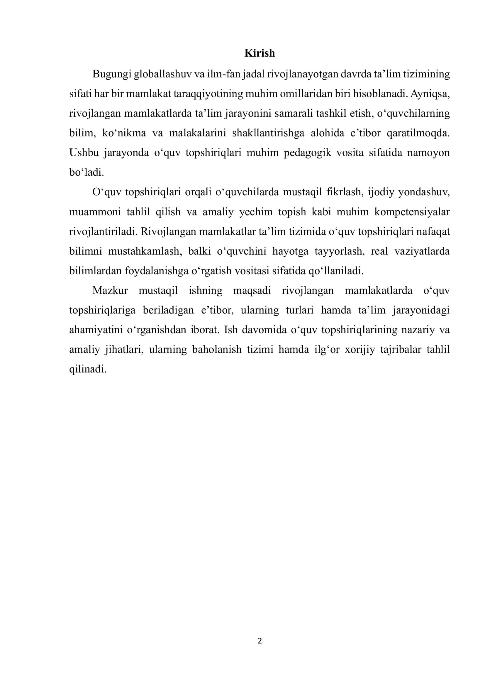 Rivojlangan mamlakatlarda oʻquv topshiriqlariga beriladigan e’tibor va ularning turlari 2