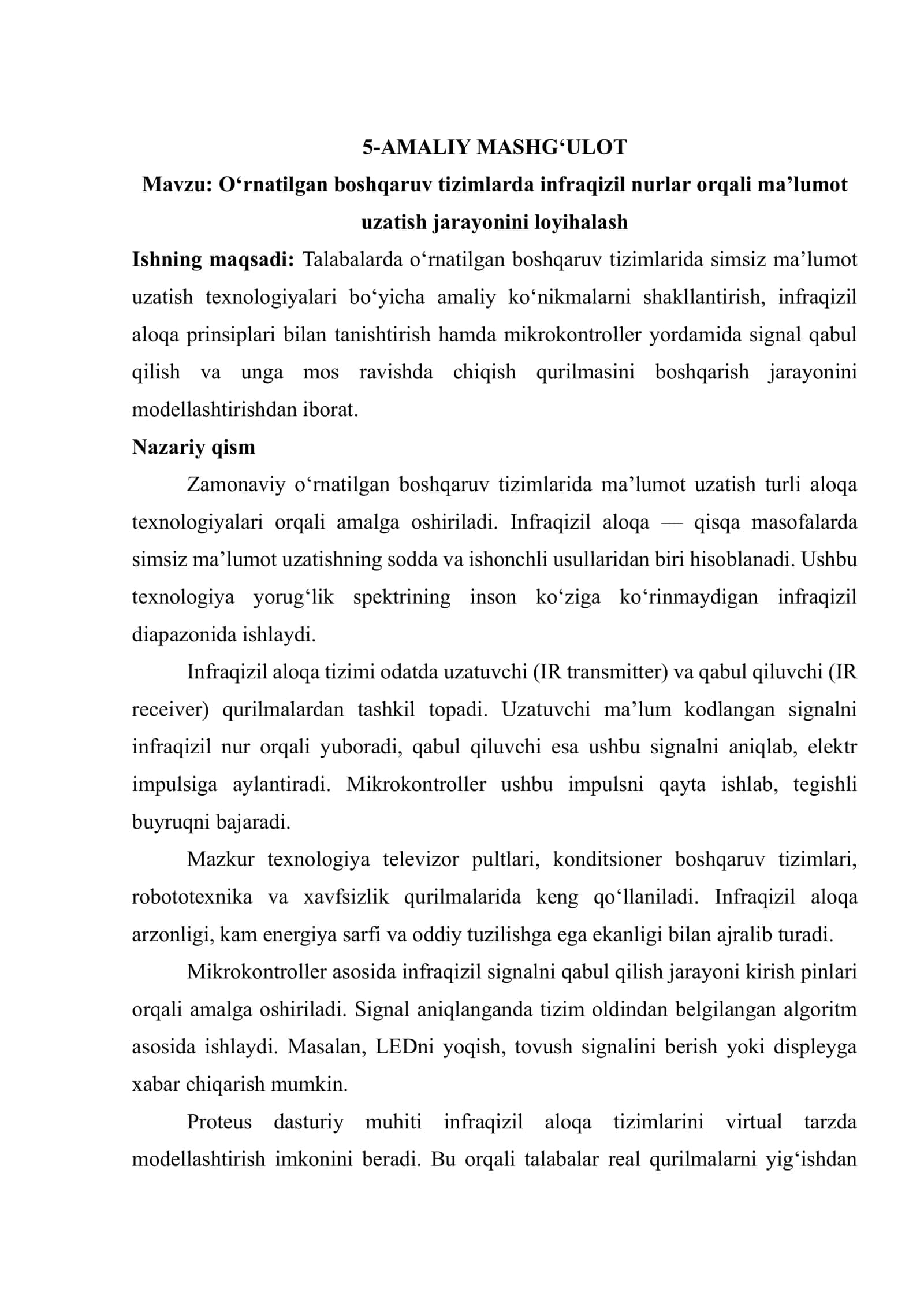 O‘rnatilgan boshqaruv tizimlarda infraqizil nurlar orqali ma’lumot uzatish jarayonini loyihalash 2