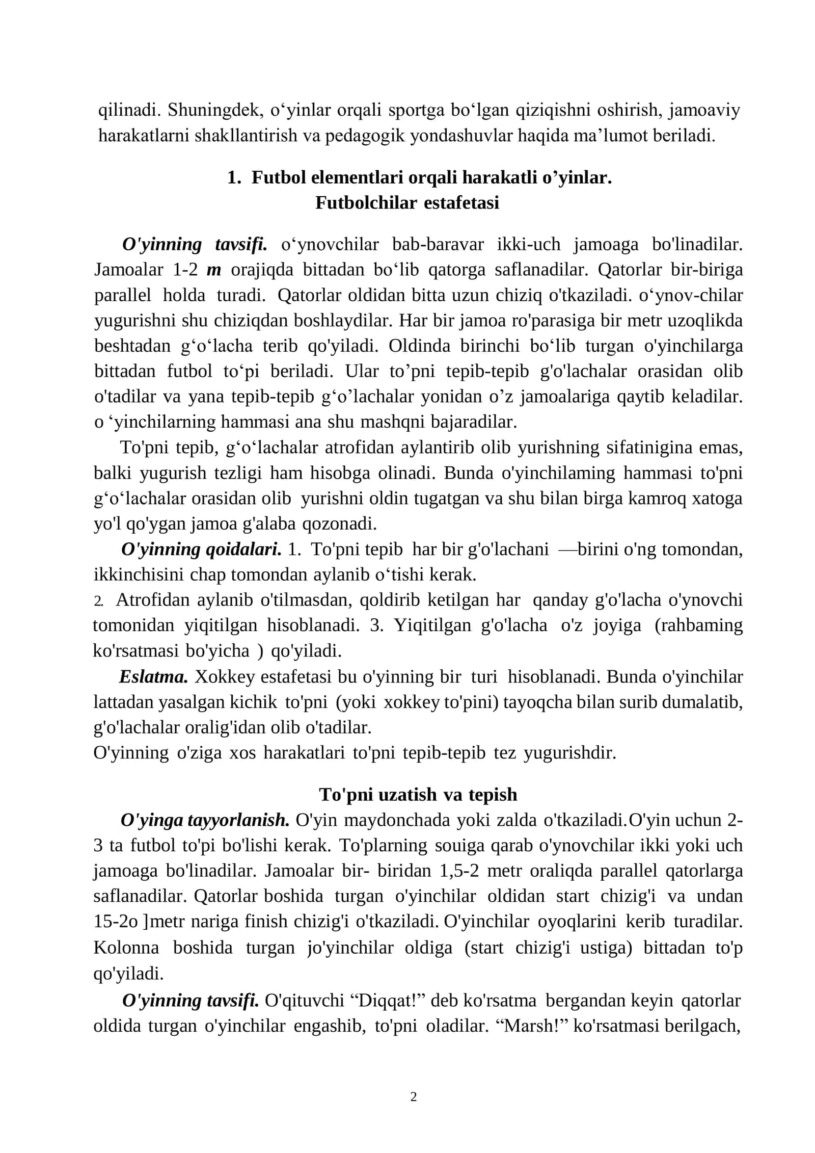 Jismoniy tarbiya darslari va sport mashgʻulotlari mazmuniga mos holda harakatli oʻyinlarni rejalashtirish hamda oʻtkazish 2