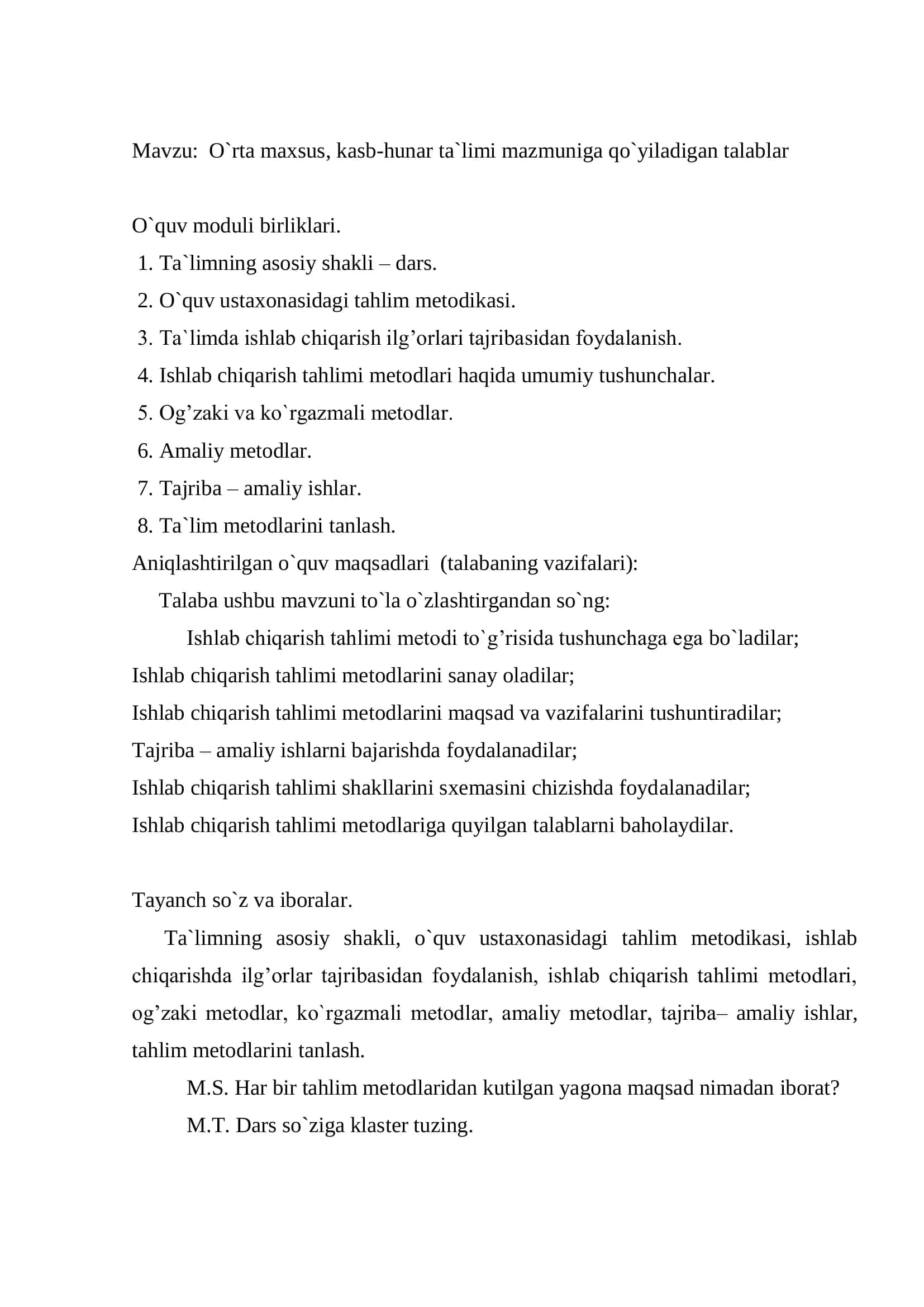 O`rta maxsus, kasb-hunar ta`limi mazmuniga qo`yiladigan talablar 2