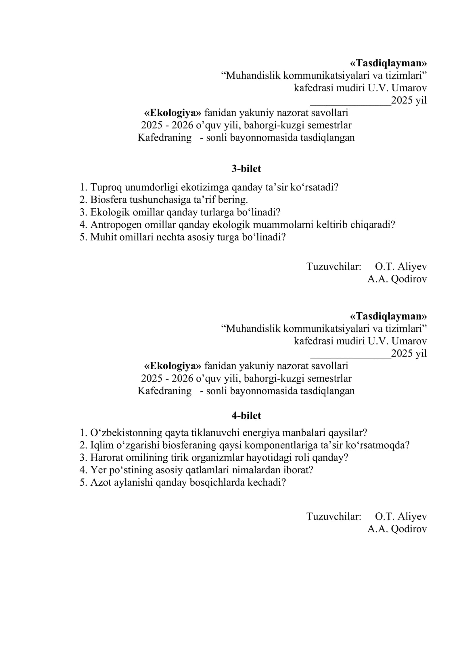 «Ekologiya» fanidan yakuniy nazorat savollari 2