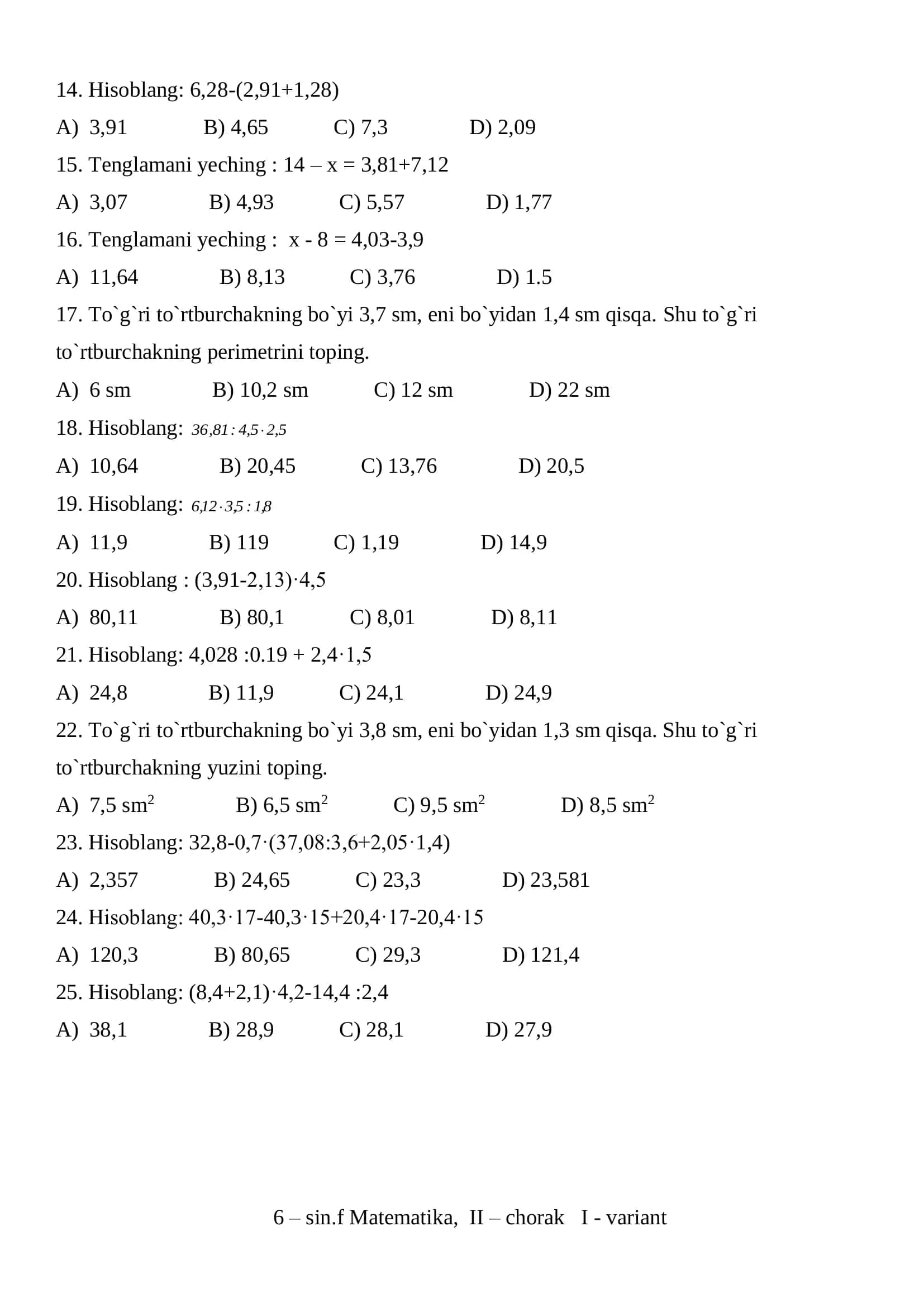 6-sinf Matematika Testlar – Barcha Choraklar PDF 2