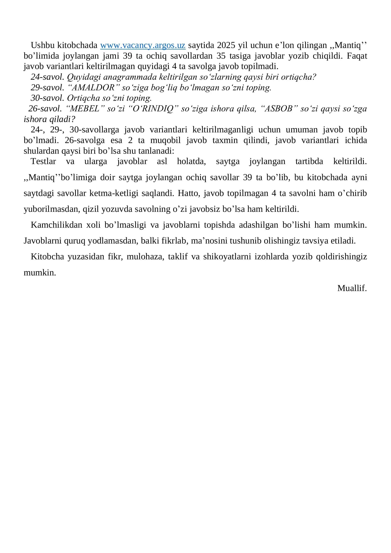 Argos test javoblar 2025. Mantiq 35 ta savol-javob. Asl variant. 2