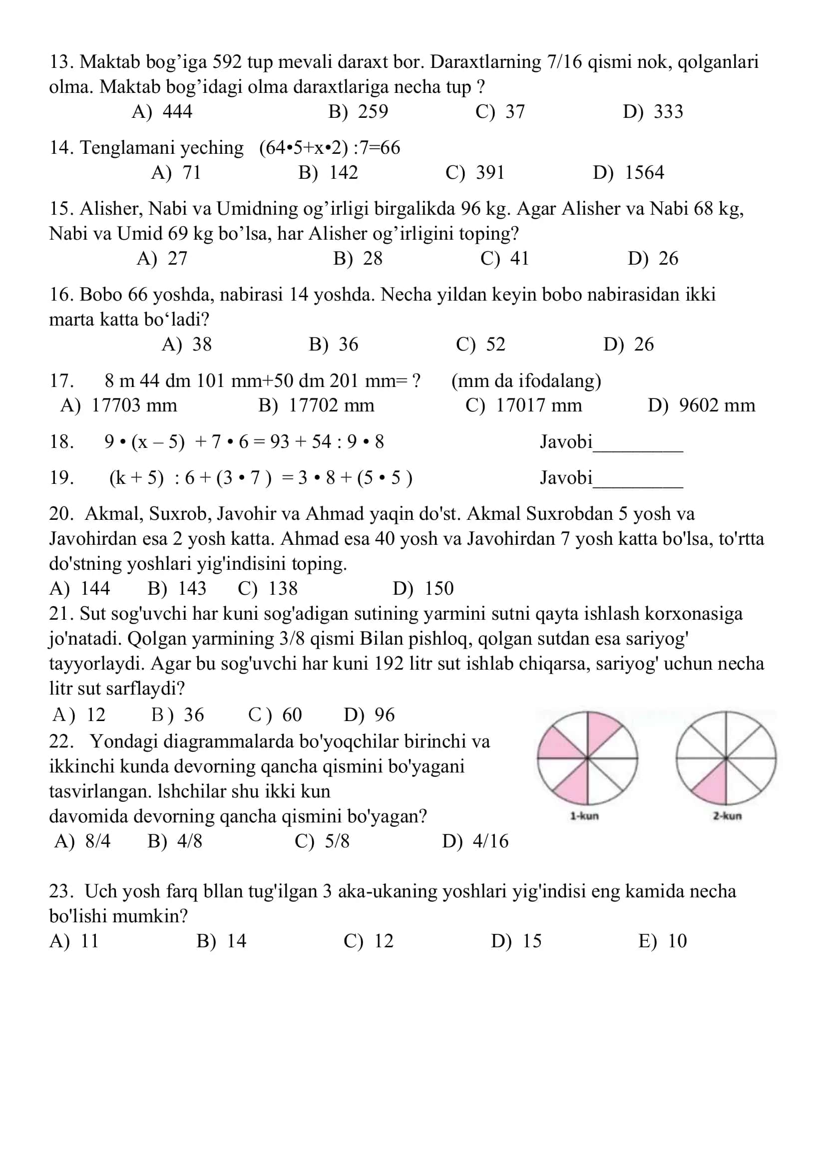Matematikadan test 23 ta (3-4-sinf uchun) 2