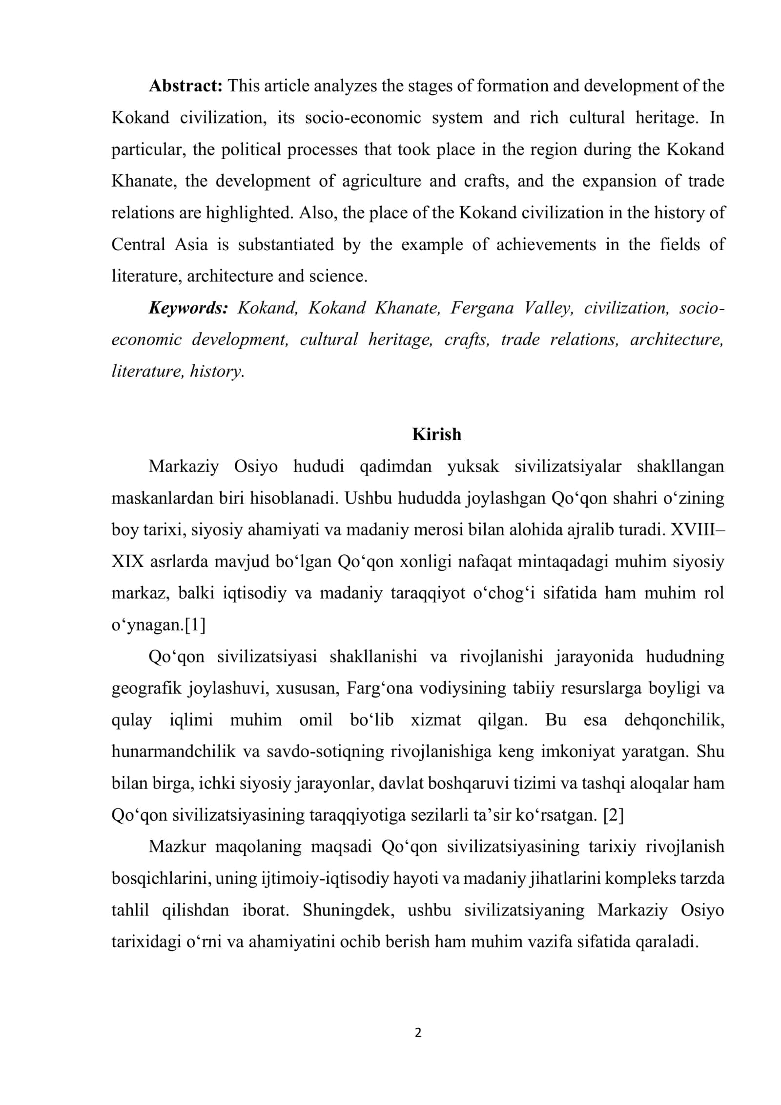 QOʻQON SIVILIZATSIYASINING TARIXIY RIVOJI, IJTIMOIY-IQTISODIY VA MADANIY JIHATLARI 2