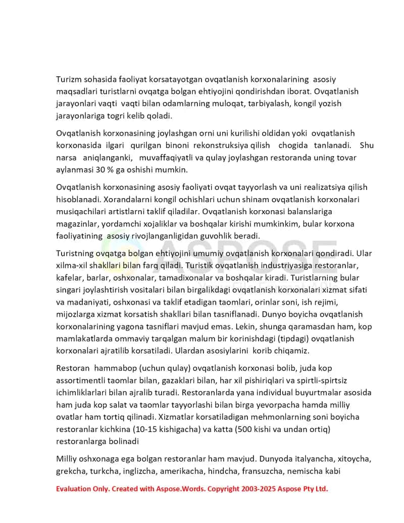 Oshxonalar va ovqatlanish korxonalari. 2