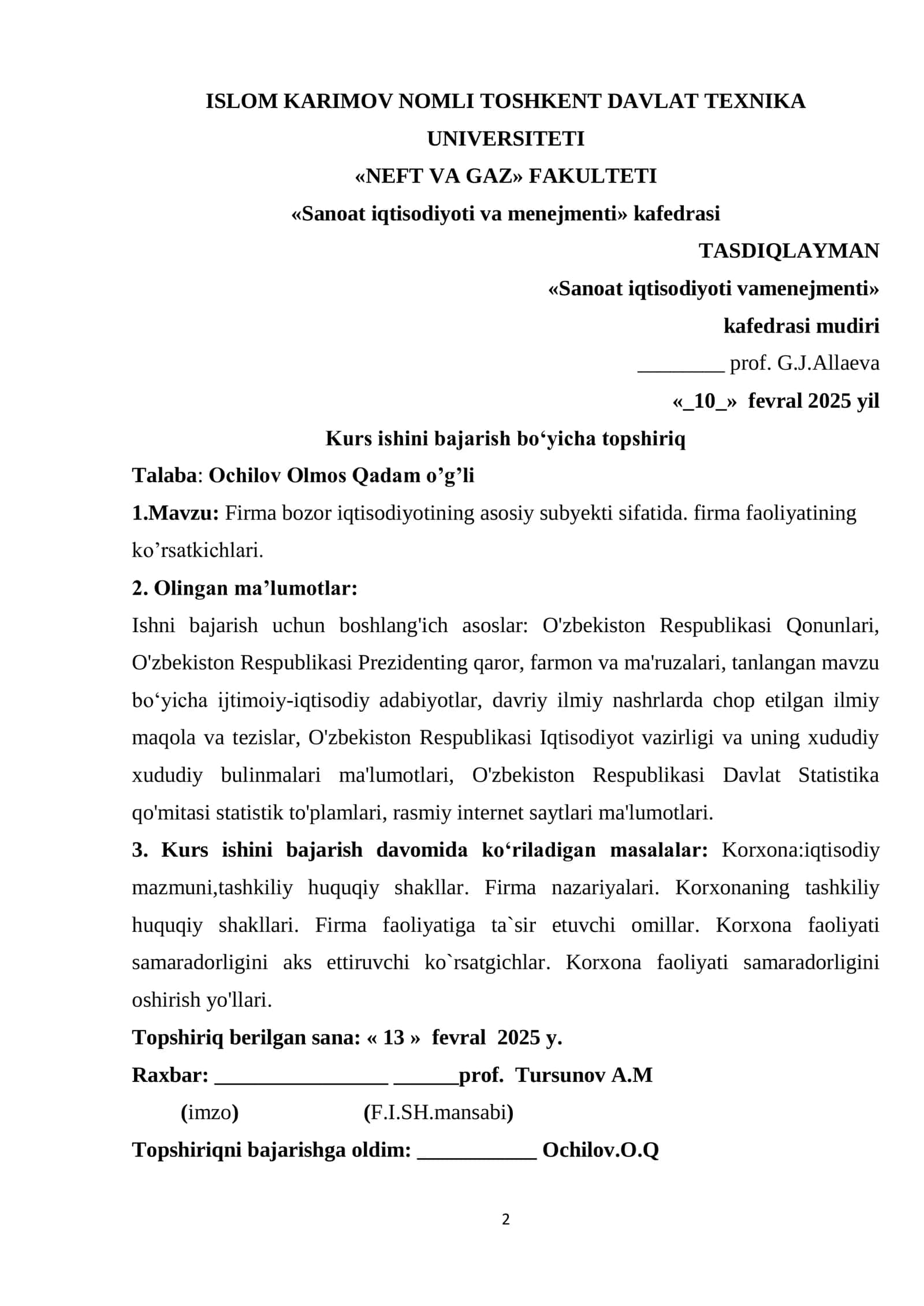 FIRMA BOZOR IQTISODIYOTINING ASOSIY SUBYEKTI SIFATIDA. FIRMA FAOLIYATINING KO’RSATKICHLARI 2