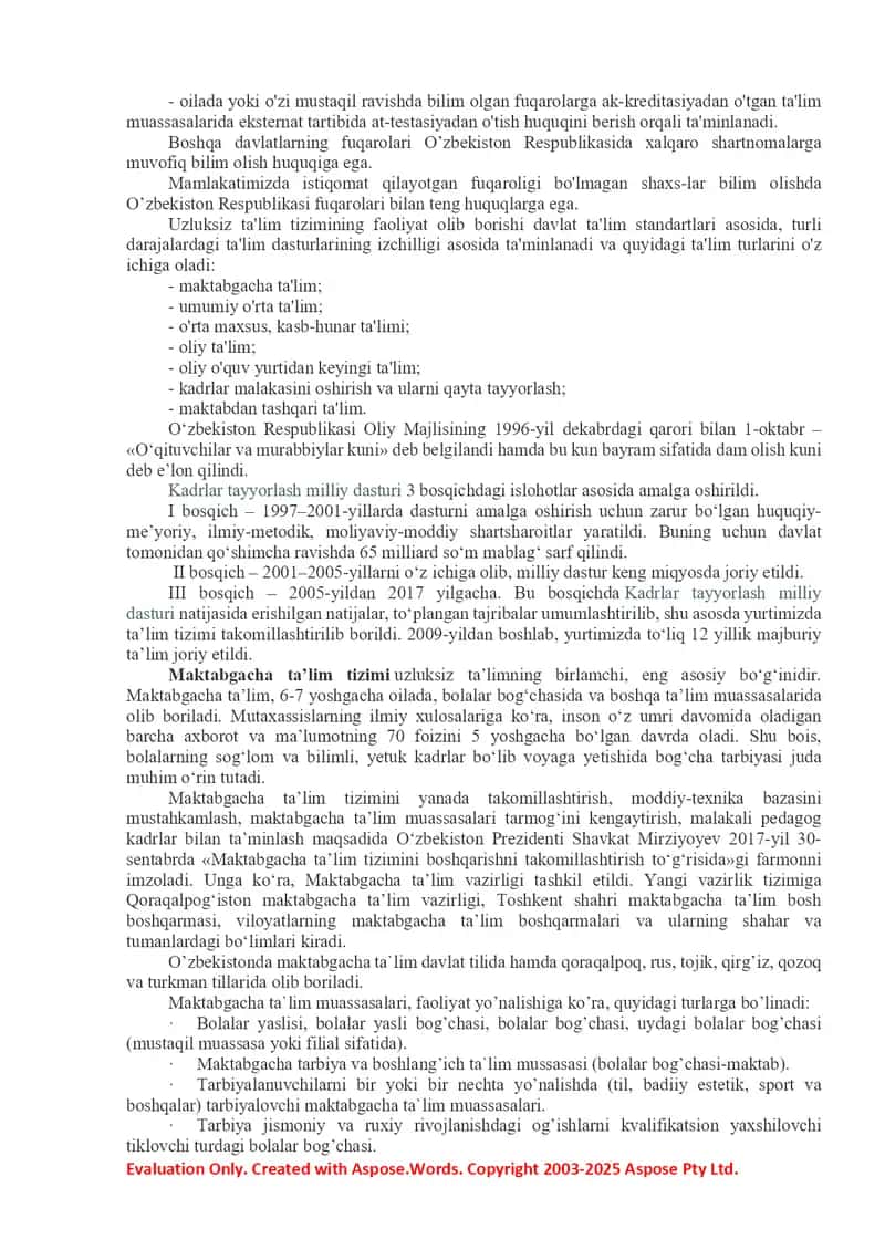 O’zbekiston Respublikasida ta’lim sohasida amalga oshirilgan islohotlar 2