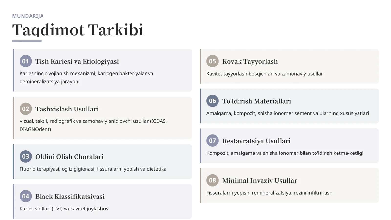 Kariesni Oldini Olish, Kovaklarni To'ldirish, Davolash Usullari va Restavratsiya Qilish 2