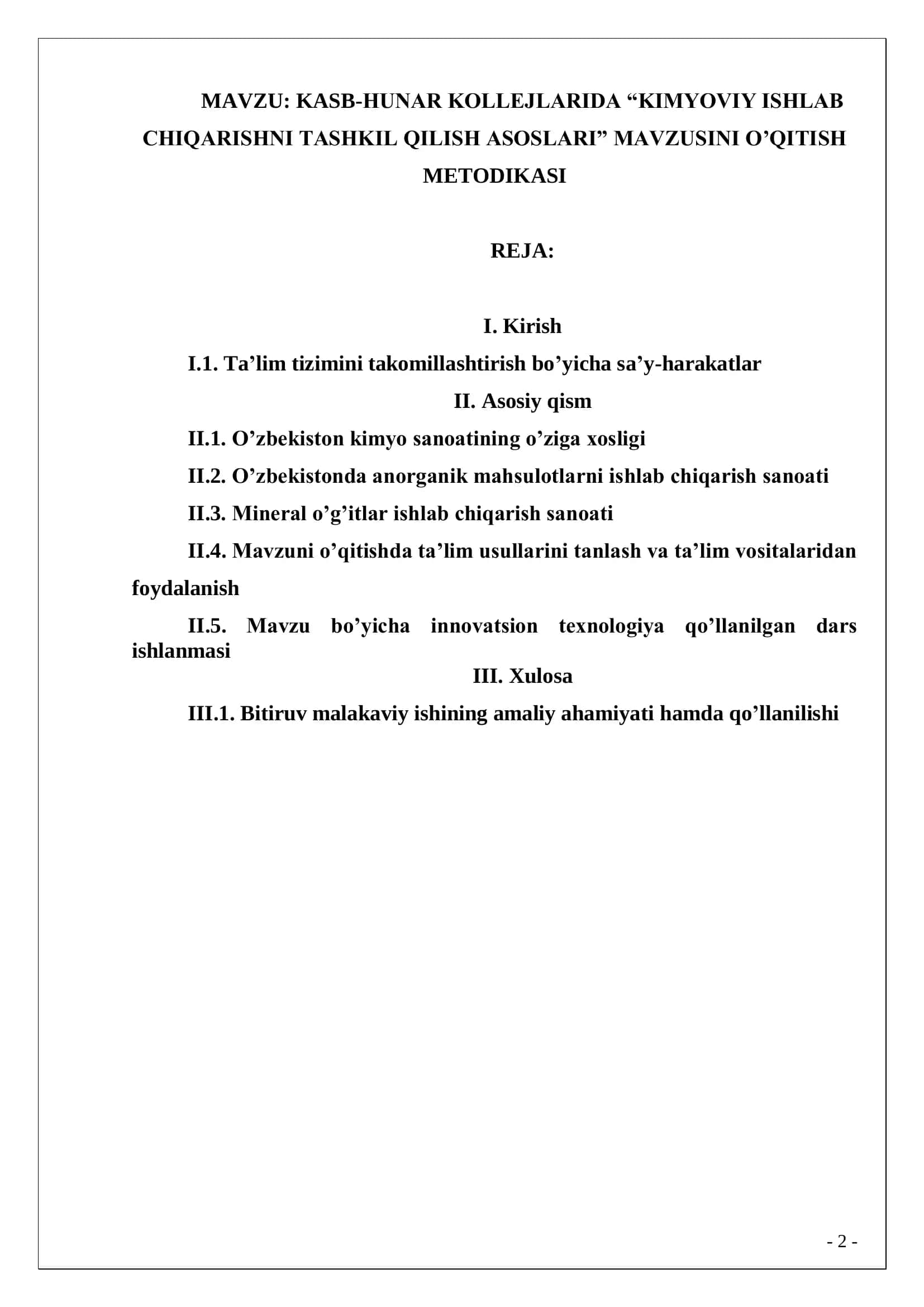 KASB-HUNAR KOLLEJLARIDA “KIMYOVIY ISHLAB CHIQARISHNI TASHKIL QILISH ASOSLARI” MAVZUSINI O’QITISH METODIKASI 2