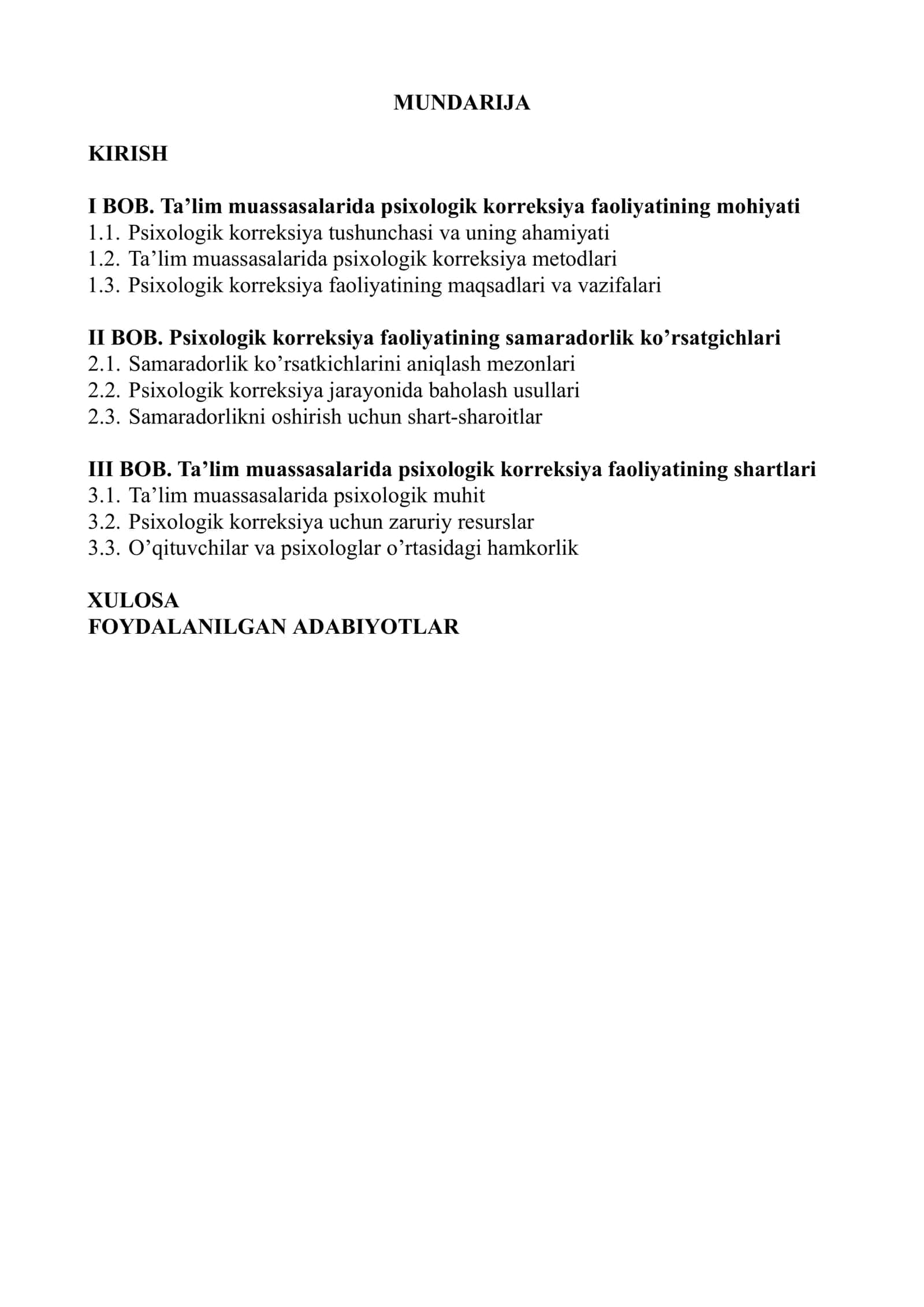 KURS ISHI: Ta'lim muassasalarida psixlogiyaning psixologik korreksiya faoliyatini samaradorlik ko'rsatgichlari va shartlari 2