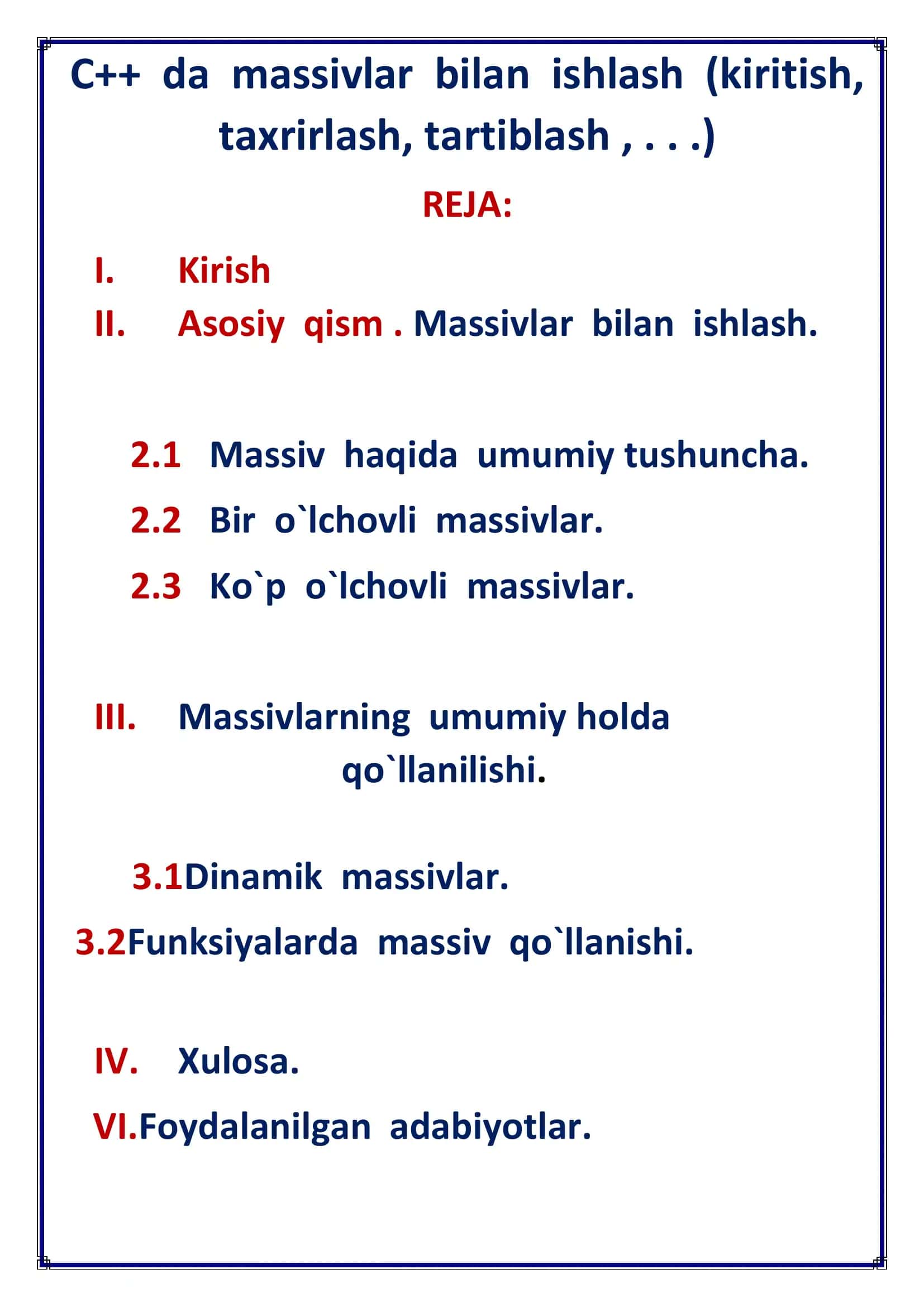 KURS ISHI C++ da massivlar bilan ishlash (kiritish, taxrirlash, tartiblash,...) 2