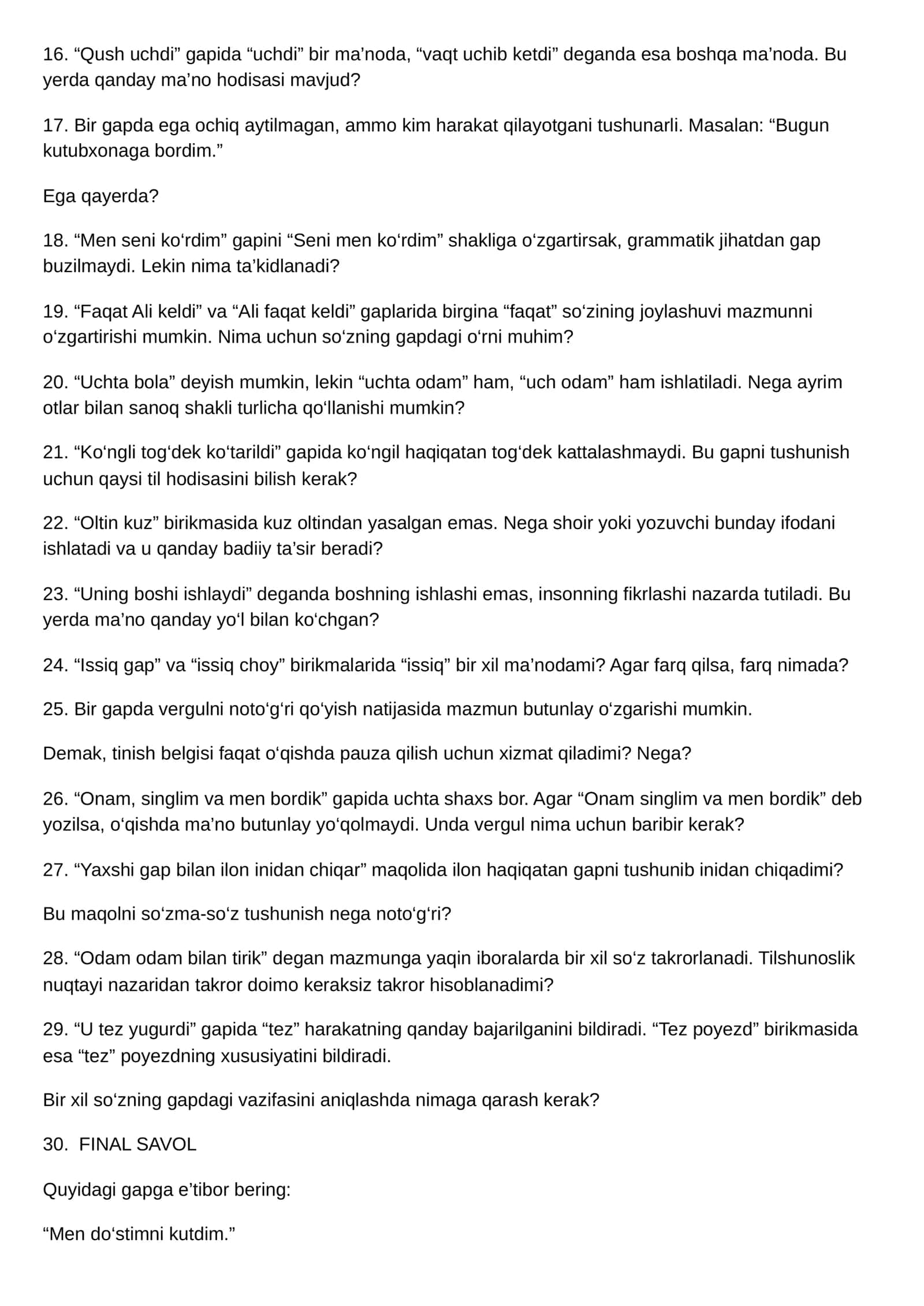 Ona tili fanidan qiziqarli zakovat savollari, javoblari bilan 2