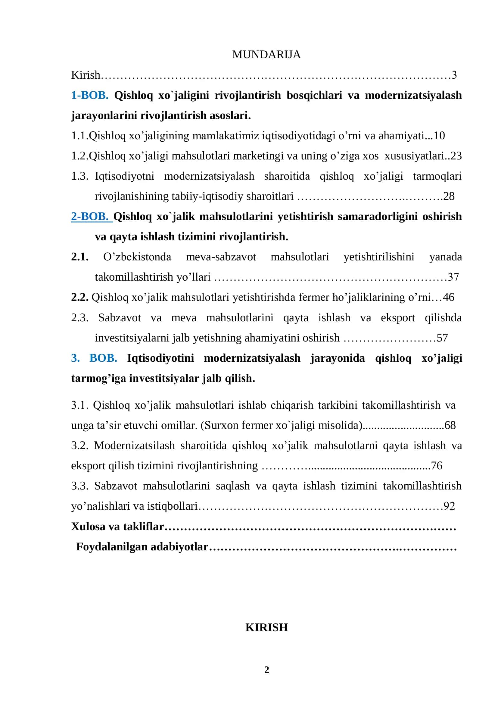 "Qishloq xo`jalik mahsulotlarini saqlash, qayta ishlash va eksport tizimini takomillashtirish" mavzusida BITIRUV MALAKAVIY ISHI 2