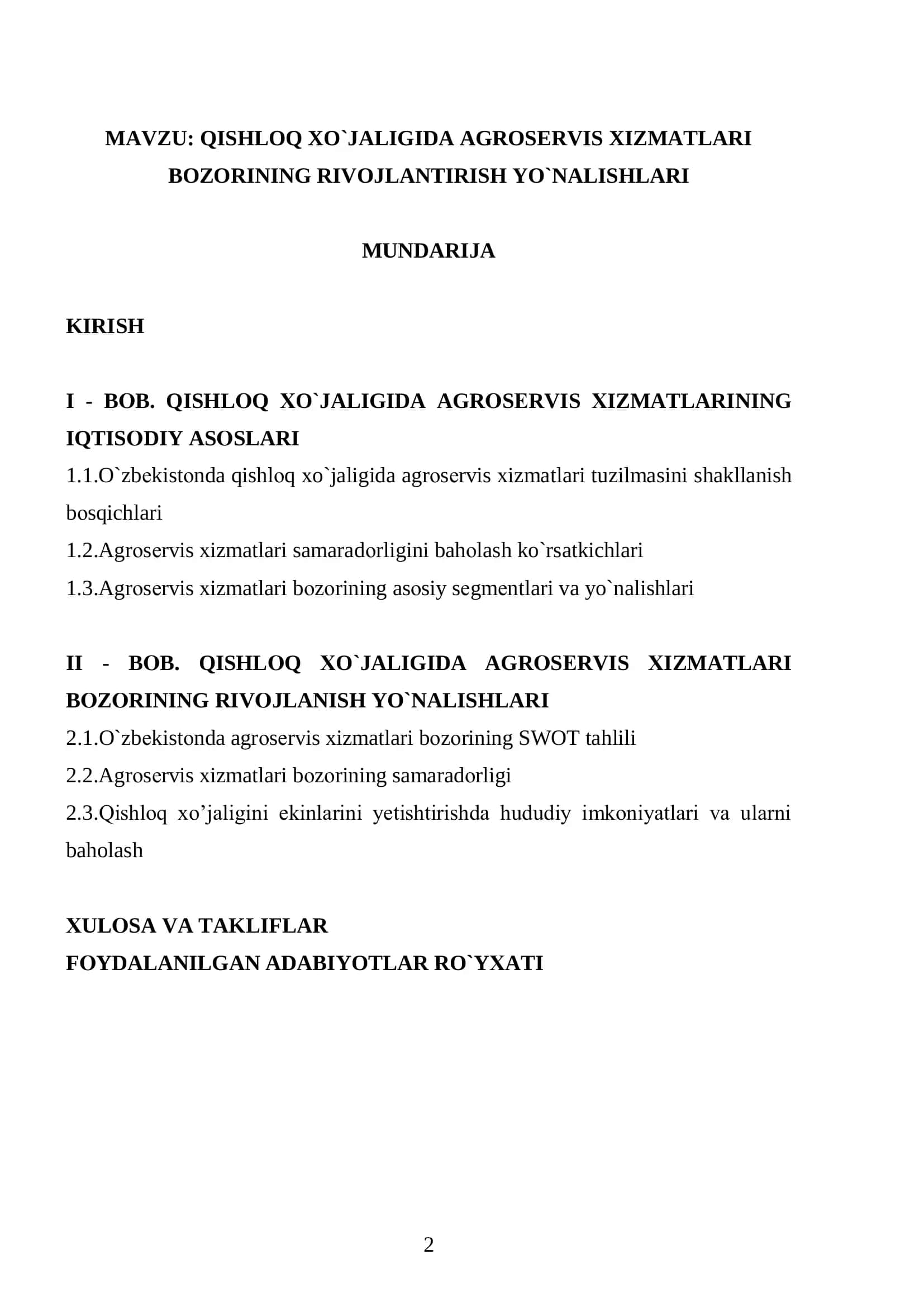 QISHLOQ XO`JALIGIDA AGROSERVIS XIZMATLARI BOZORINING RIVOJLANTIRISH YO`NALISHLARI 2