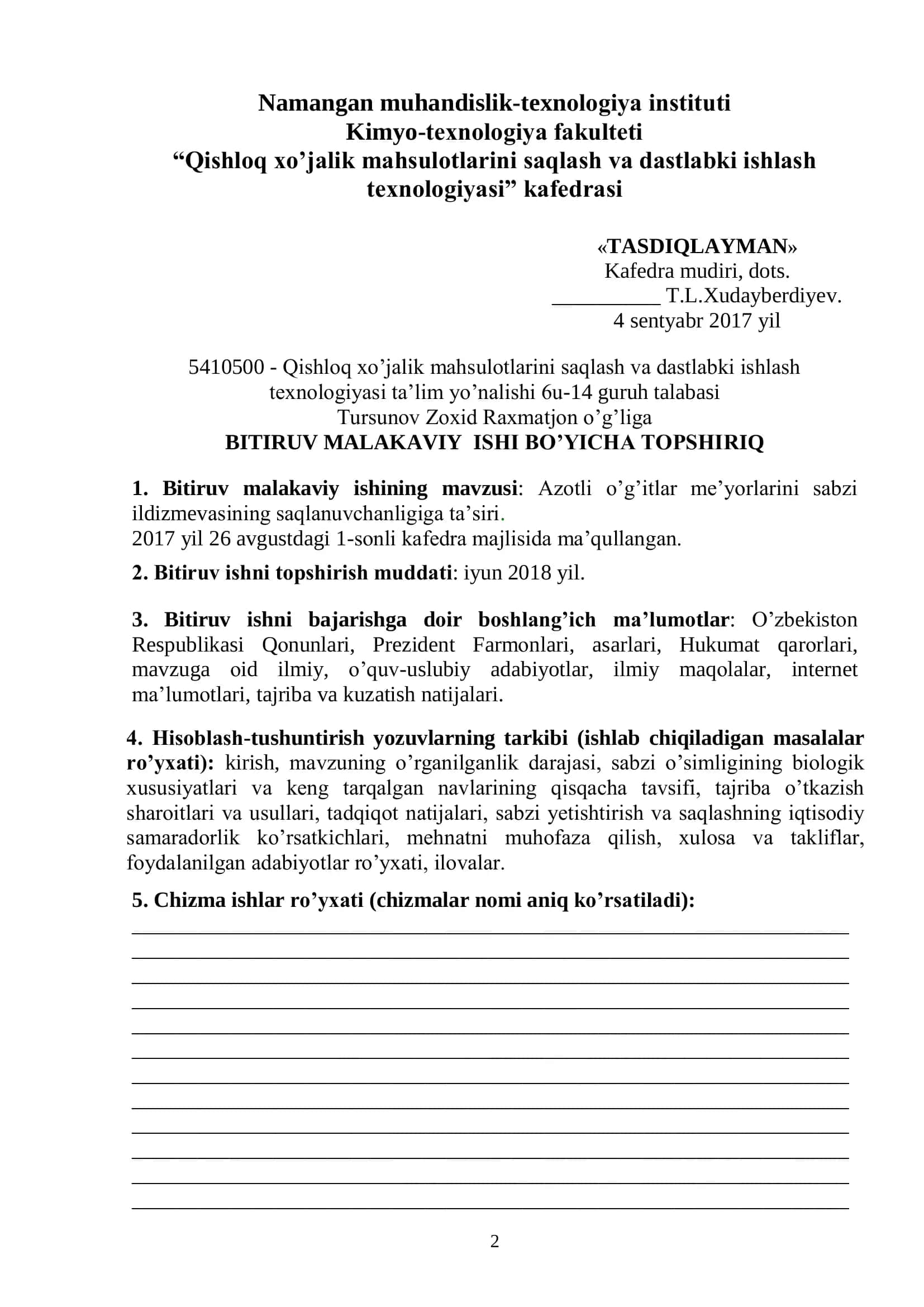 Qishloq xo'jalik mahsulotlarini saqlash va dastlabki ishlash texnologiyasi ta'lim yo'nalishi bitiruvchisi 2