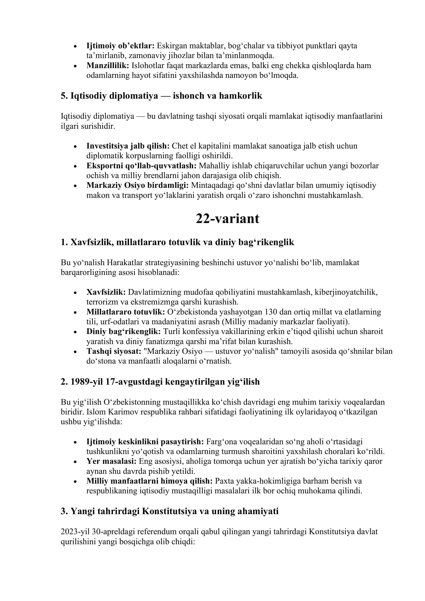 O'zbekiston eng yangi tarixi fanidan yakuniy savollar 2