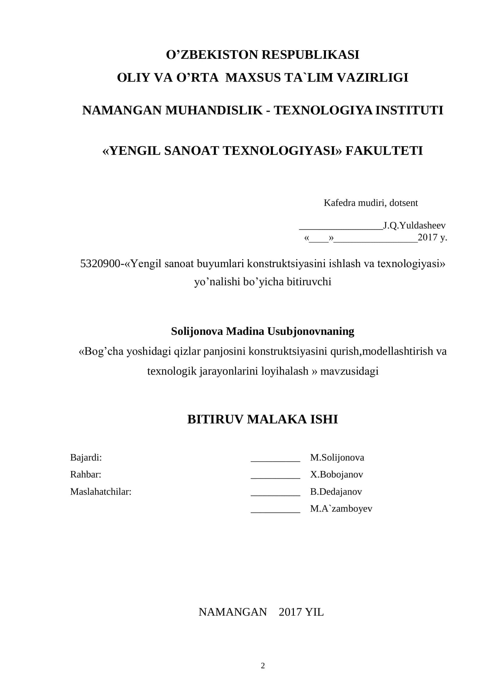 Bog’cha yoshidagi qizlar panjosini konstruktsiyasini qurish, modellashtirish va texnologik jarayonlarini loyihalash 2