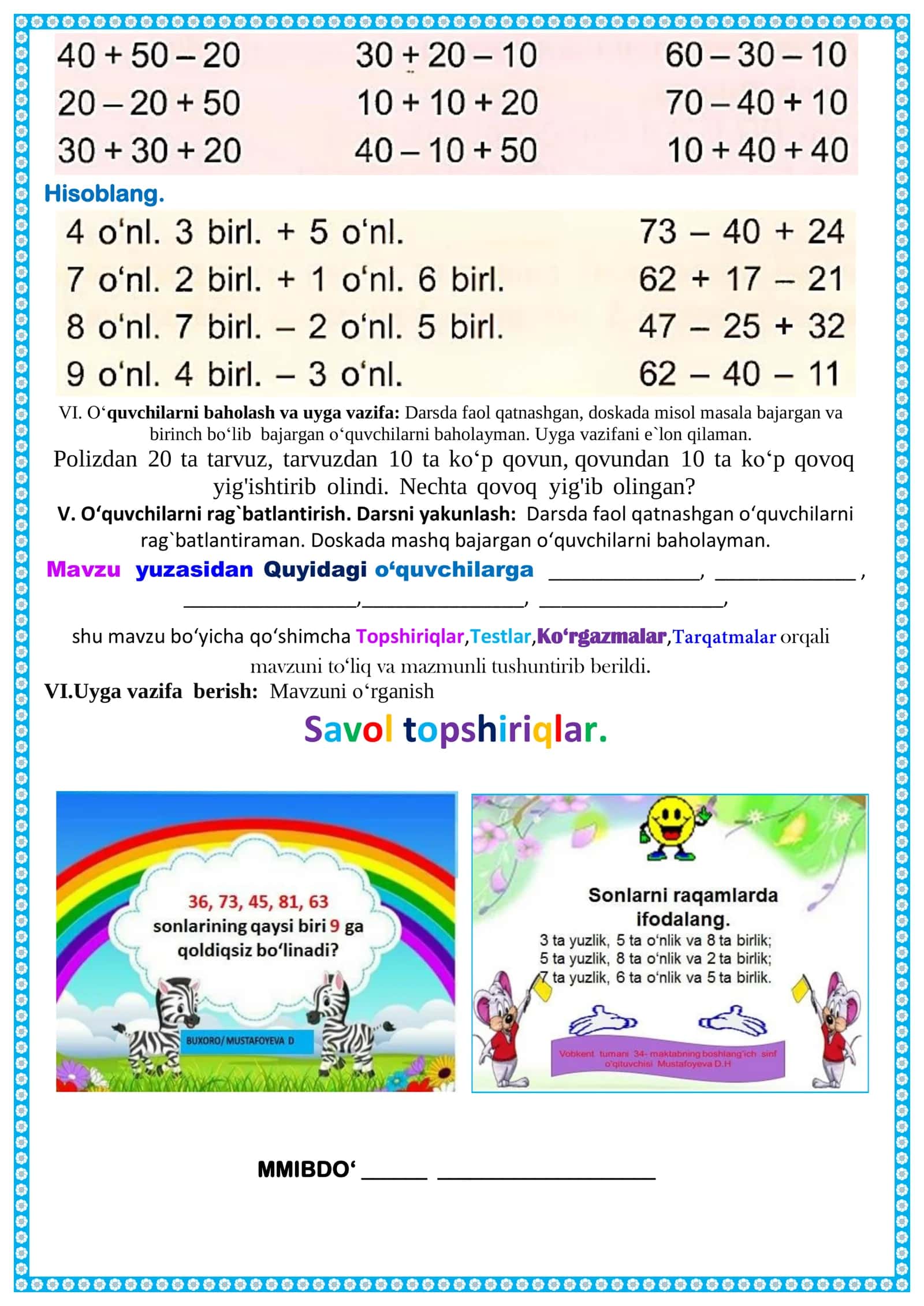 2-sinf Matematika To'garak Dars konspekti 34 Soatlik to'liq 2