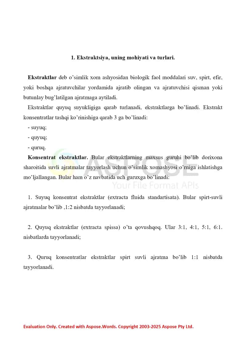 Dorivor o'simlik xomashyosidan ajratma olishda ekstraksiya jarayonining nazariy asoslari. Referat, 9 sahifa. 2