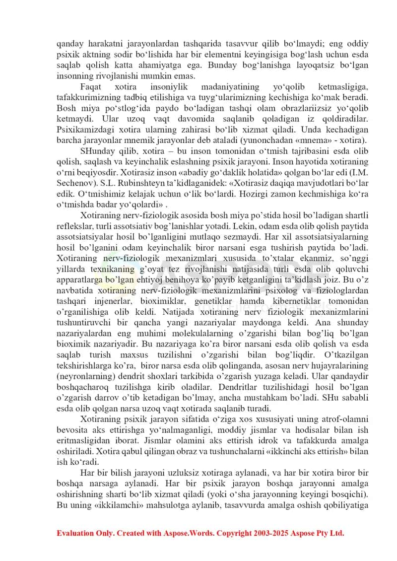 Xotira haqida tushuncha va uning nerv fiziologik asoslari 2
