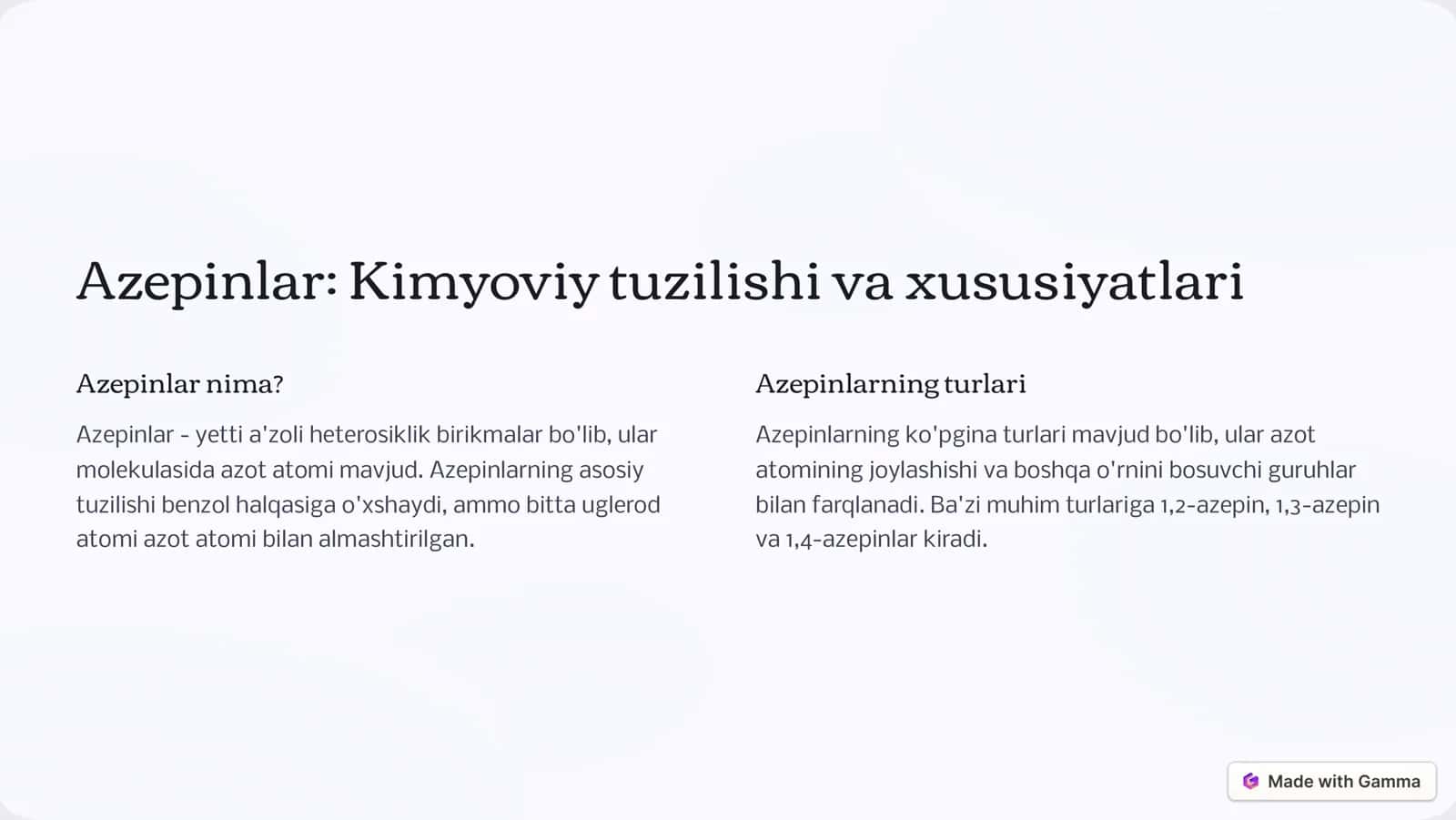 Azepin, Benzodiazepin va Oksazin Hosilalari: Kimyoviy tuzilishi va xususiyatlari 2