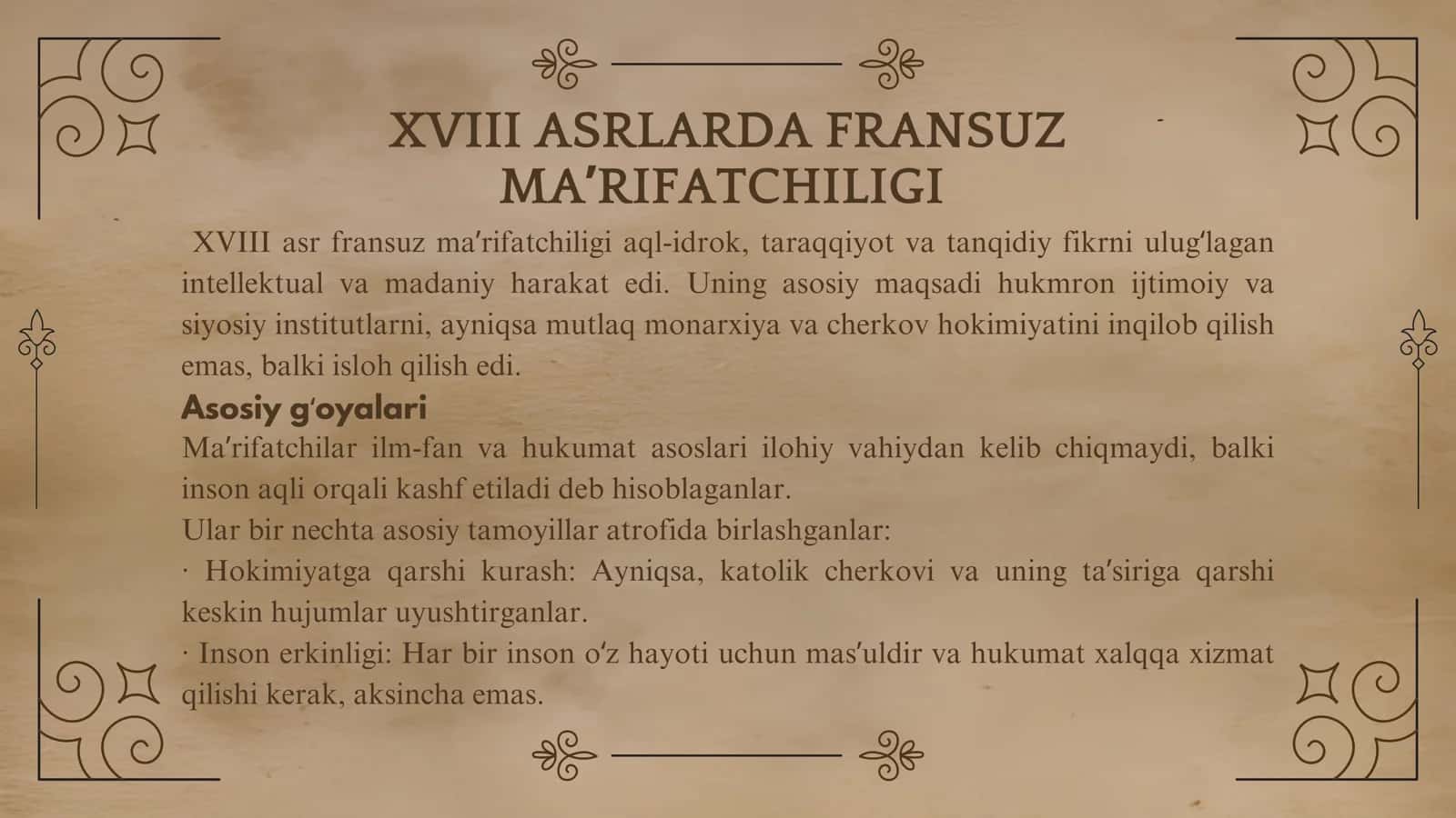 XVIII ASR FRANSUZ MA’RIFATCHILIGI. VOLTER, SHARL MONTESKYE VA J.J.RUSSONING FALSAFASI. FRANSUZ QOMUSSHUNOSLIGI VA FALSAFASI. 2