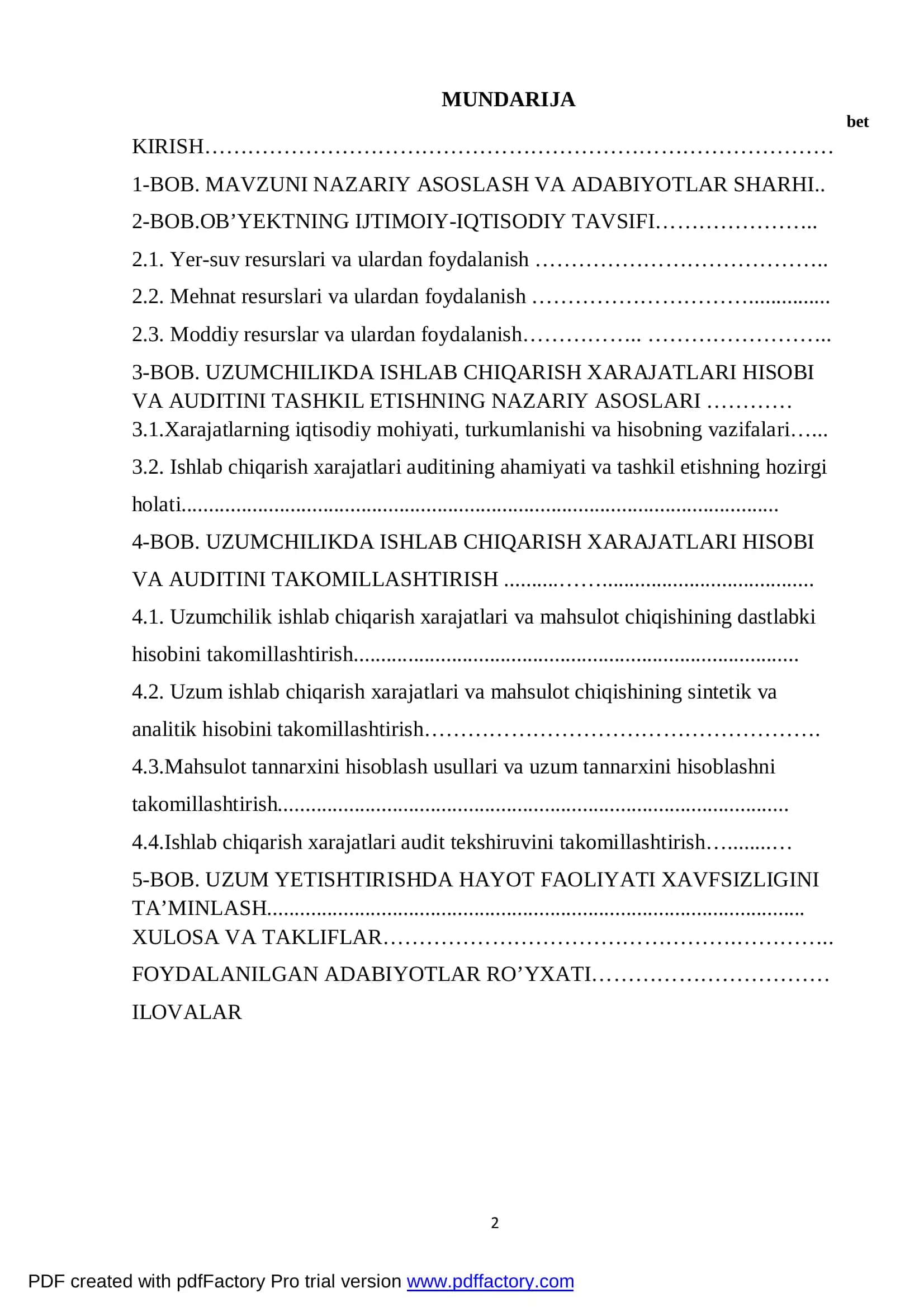Uzumchilikda ishlab chiqarish xarajatlari hisobi va auditini takomillashtirish 2