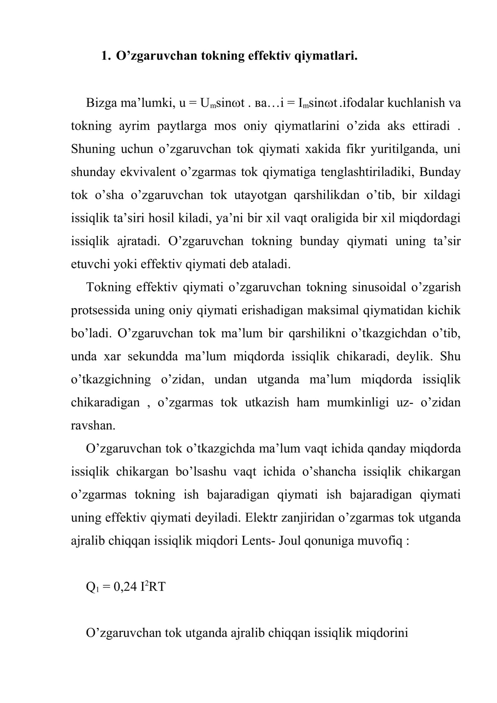 O’zgaruvchan tok. O’zgaruvchan tok zanjirida qarshilik, sig’im va induktivlik 2