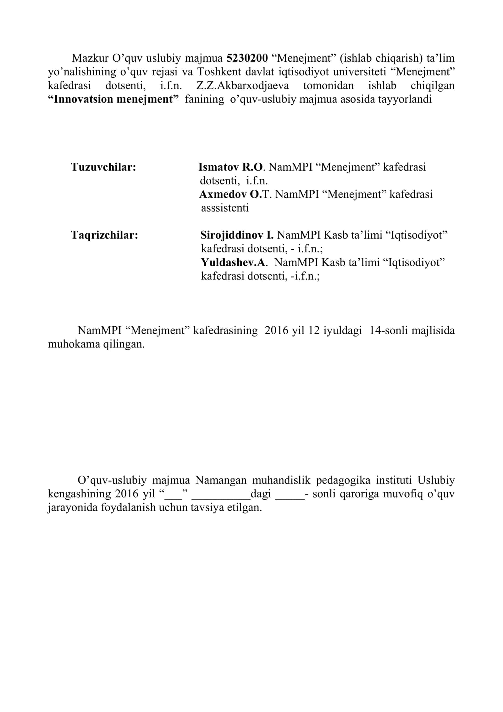 Innovatsion menejment O’quv-uslubiy majmua 2
