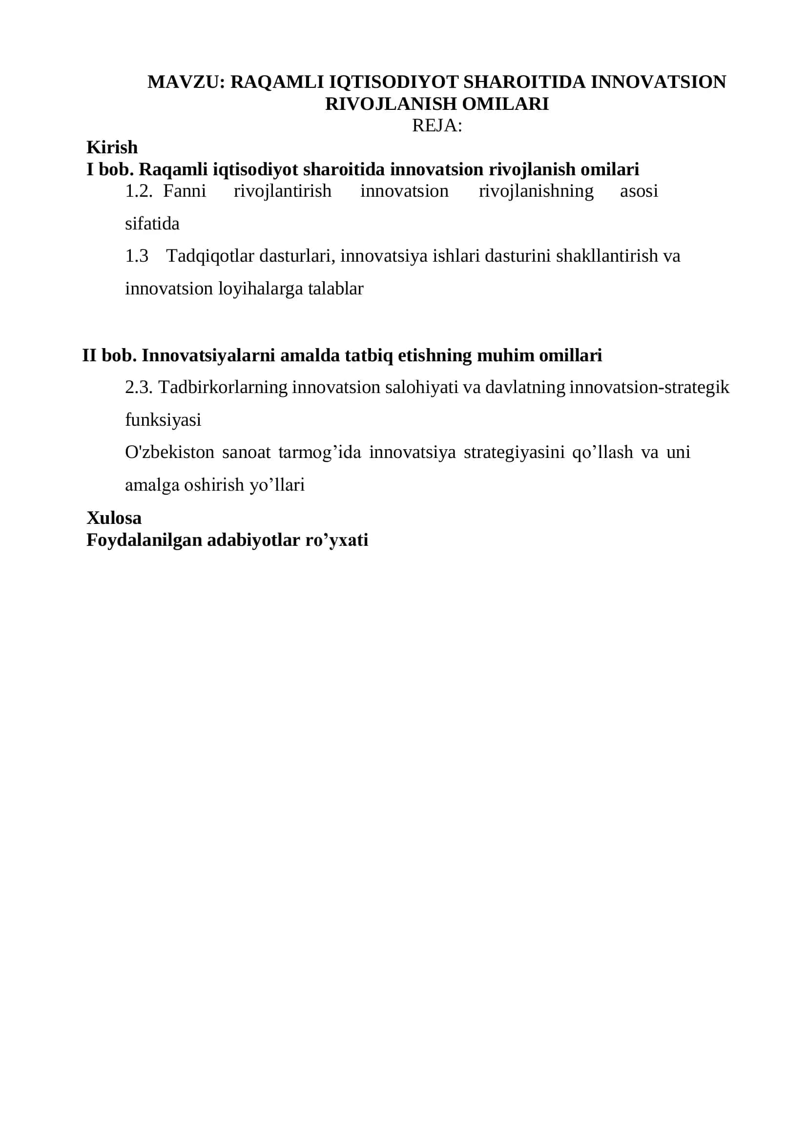 RAQAMLI IQTISODIYOT SHAROITIDA INNOVATSION RIVOJLANISH OMILLARI KURS ISHI 2