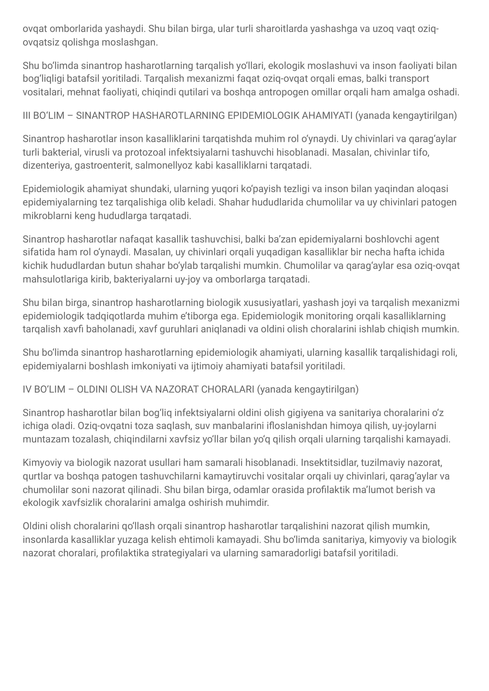 Sinantrop hasharotlar tushunchasi va biologik xususiyatlari 2