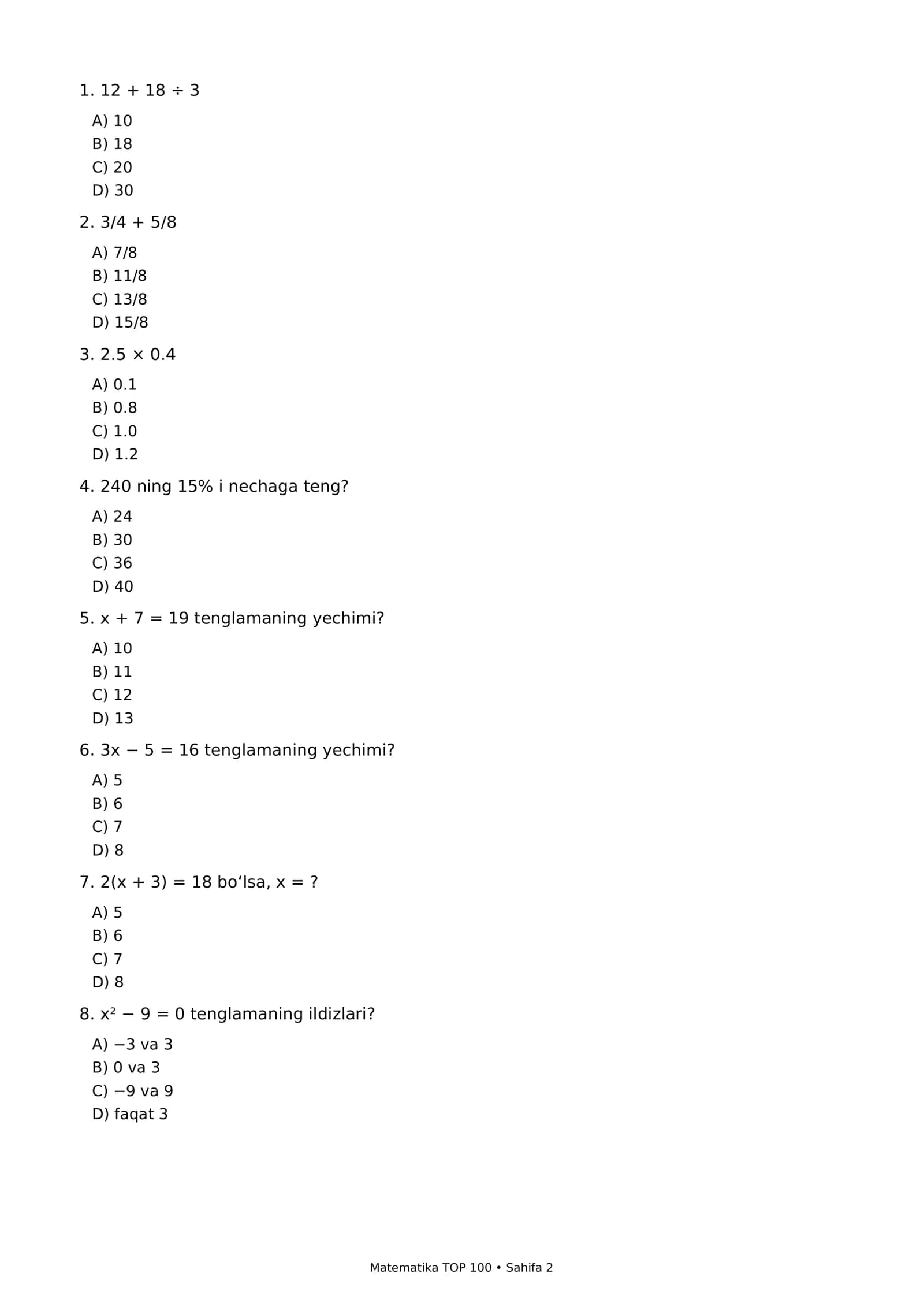 2027 OTMga Tayyorgarlik — Matematika TOP 100 Test | Javoblar bilan 2