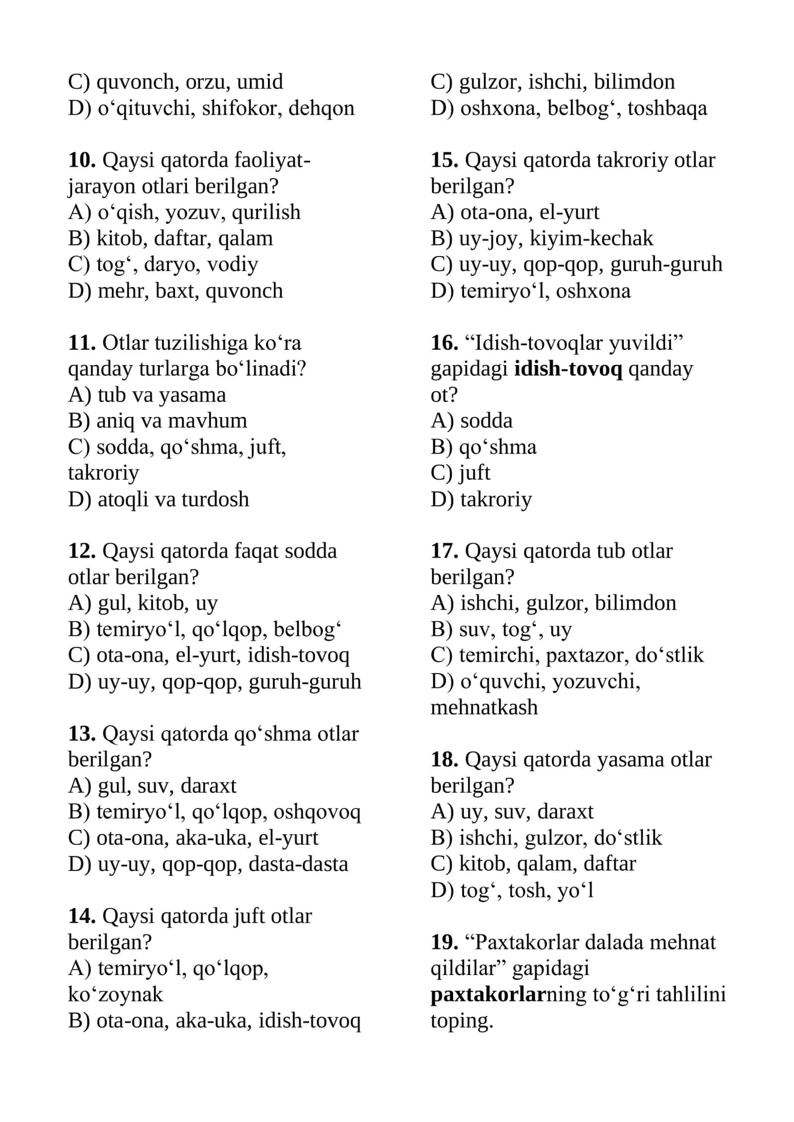 Ona tili, ot so'z turkumiga oid 60ta test javobli 2