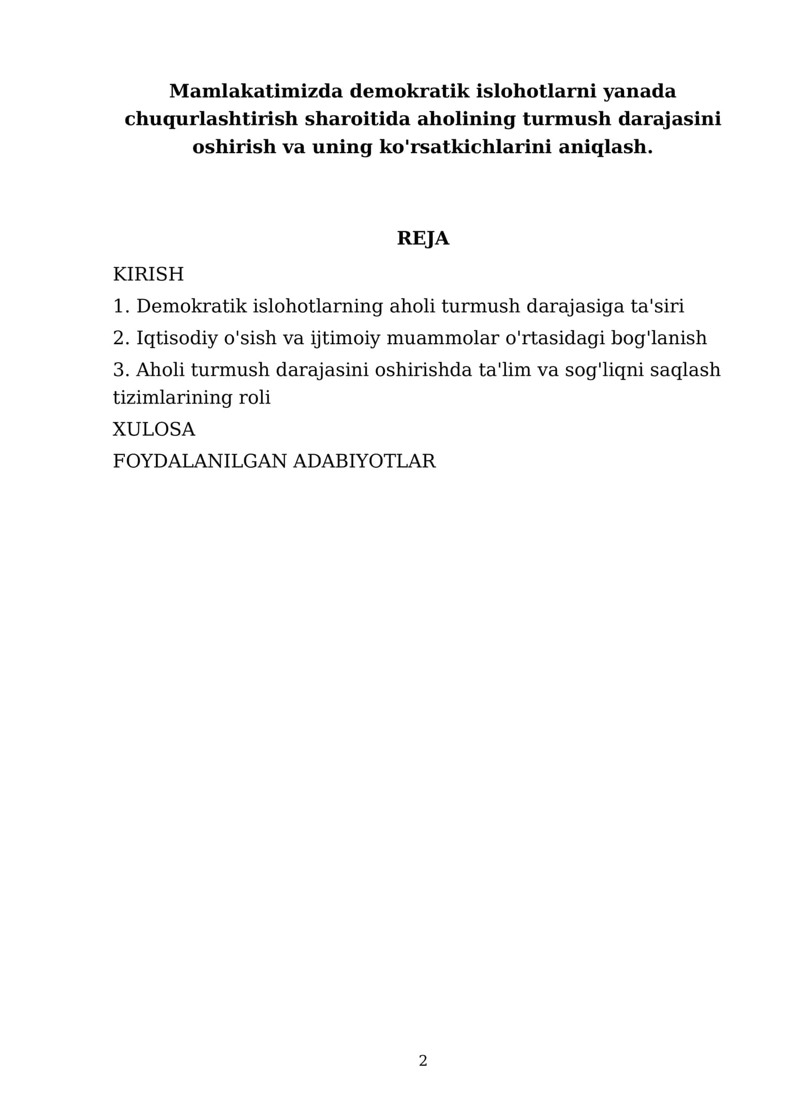 Mamlakatimizda demokratik islohotlarni yanada chuqurlashtirish sharoitida aholining turmush darajasini oshirish va uning ko'rsatkichlarini aniqlash 2