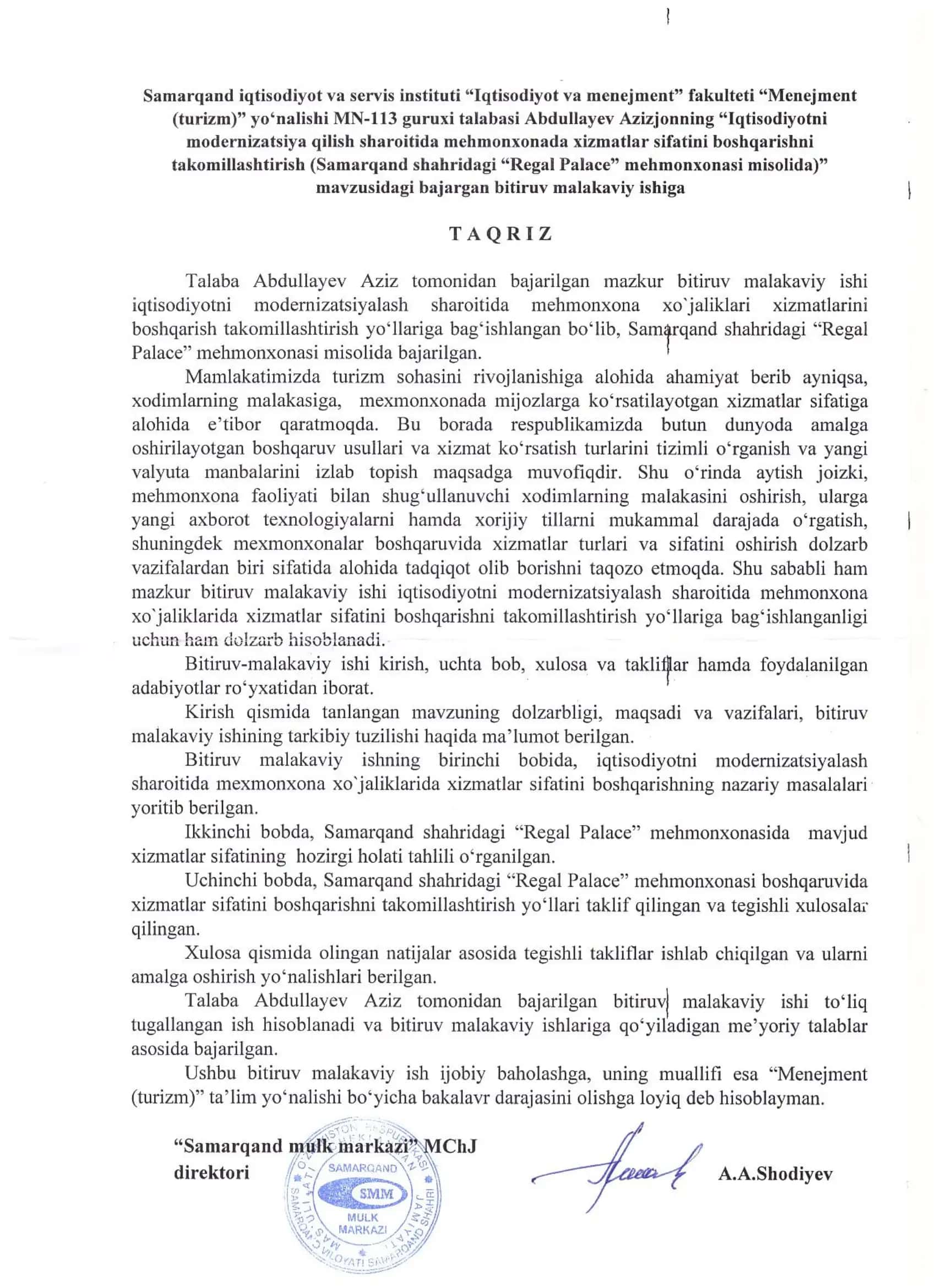 Mehmonxonada xizmatlar sifatini boshqarish 2