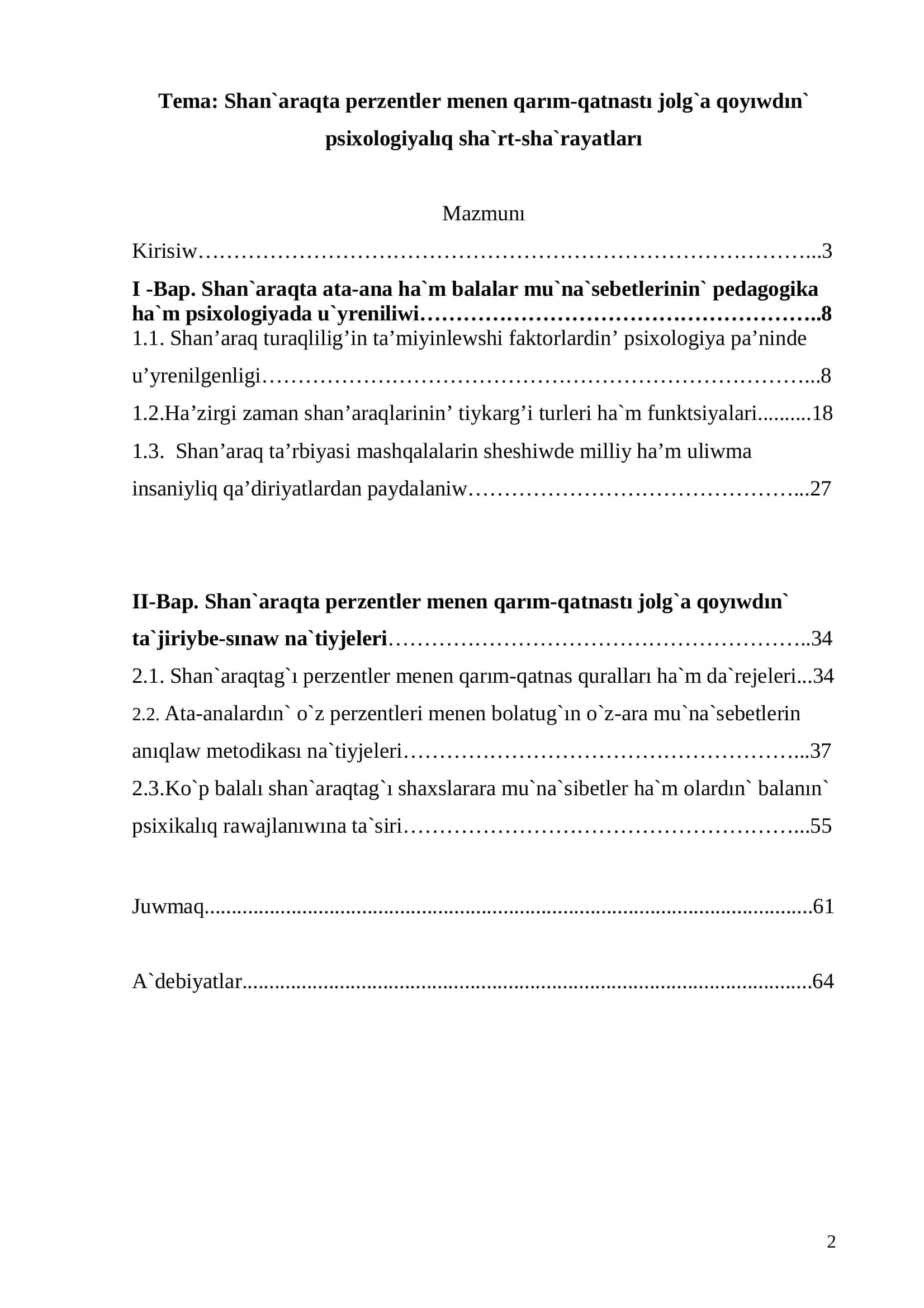 Shan`araqta perzentler menen qarım-qatnastı jolg`a qoyıwdın` psixologiyalıq sha`rt-sha`rayatları 2