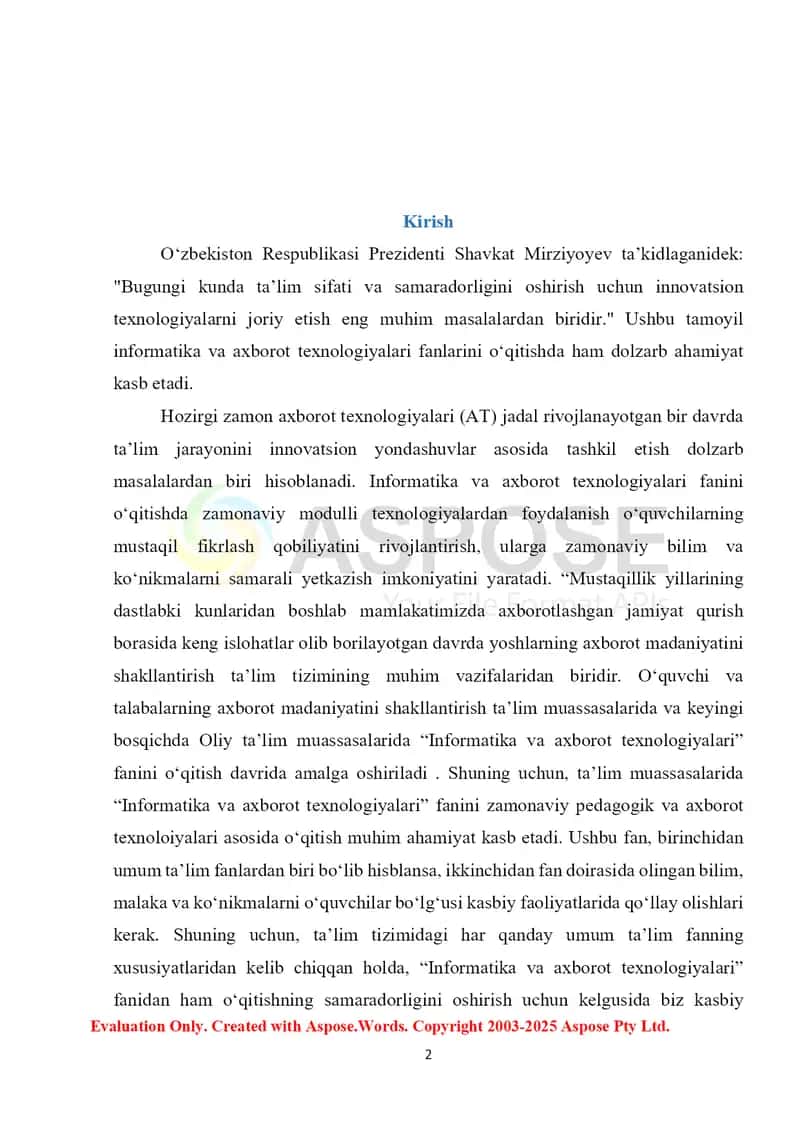 "Informаtikа vа аxborot tеxnologiyаlаri fаnlаrini o'qitishdа zаmonаviy modulli tеxnologiyаlаrdаn foydаlаnib tаshkil еtish" DIPLOM ISHI 2
