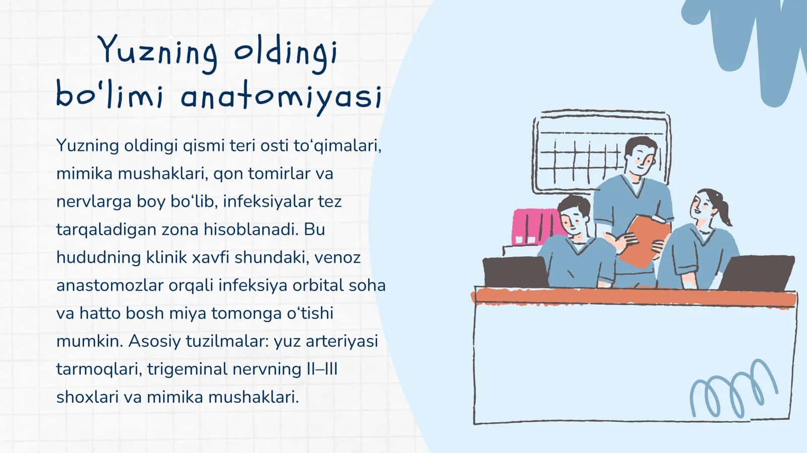 Yuzning oldingi bo‘limi: ko‘z, ko‘z osti va burun sohalarining topografik anatomiyasi. Infraorbital anesteziya texnikasi. Ko‘z osti flegmonasini ochish va drenajlash. Yuqori jag‘ (Gaymor) bo‘shlig‘ini punksiya qilish. Kolduel–Lyuk operatsiyasi. 2