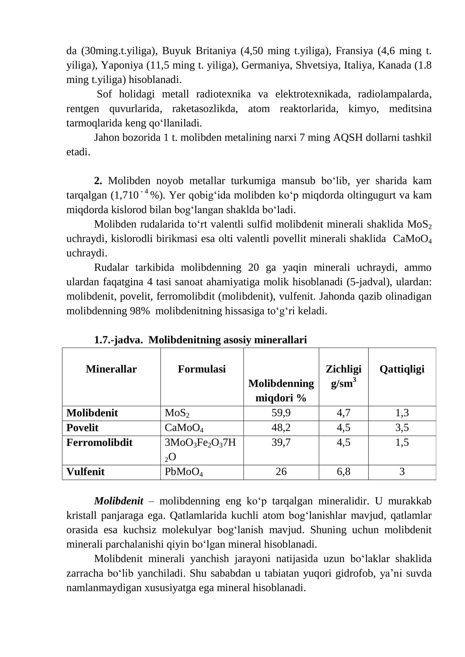 Molibden tarkibli rudalar va minerallari 2