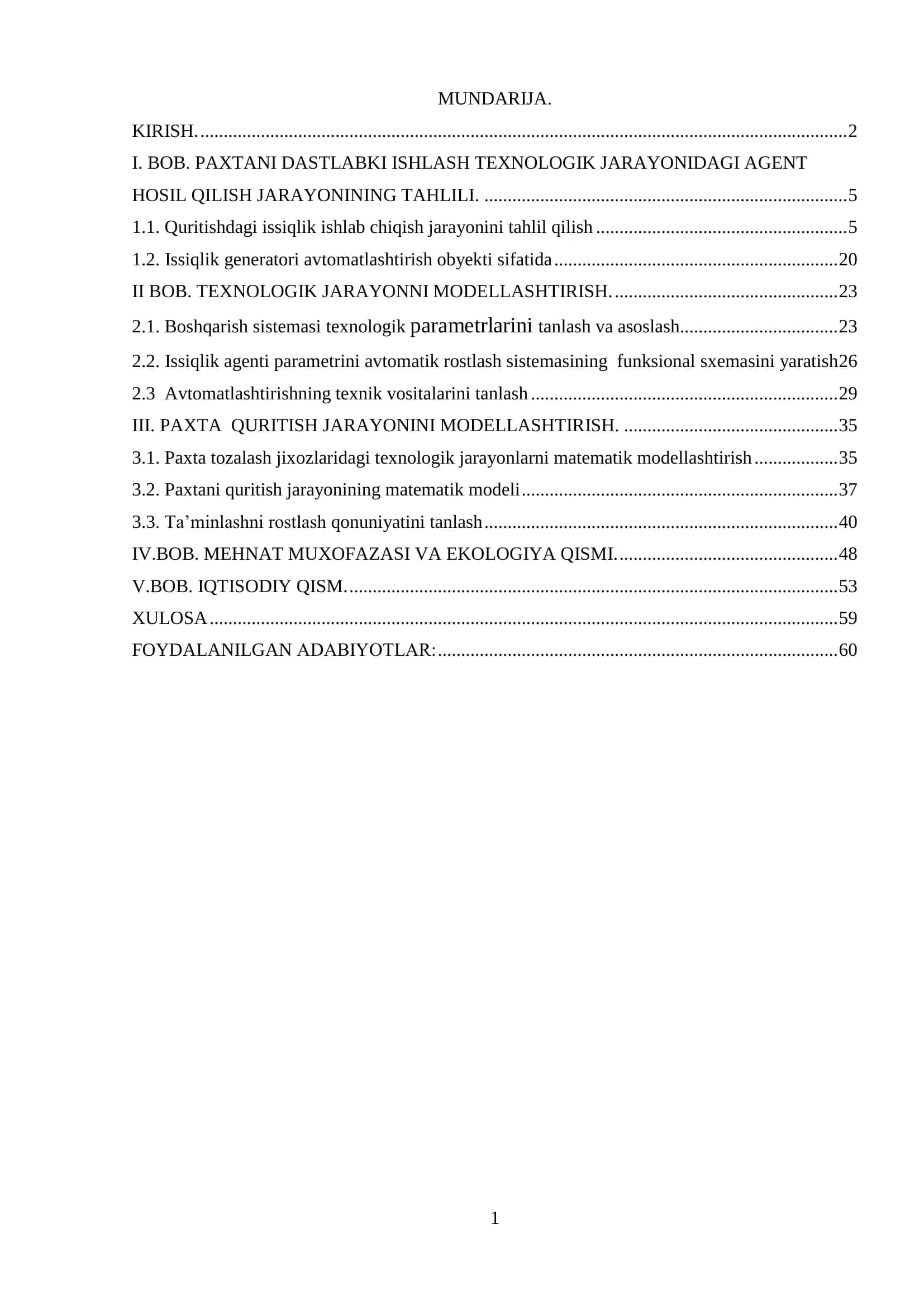 "PAXTA XOM ASHYOSINI QURITISHDA ISSIQLIK ISHLAB CHIQISH GENERATORINI AVTOMATIK ROSTLASH TIZIMINI TADQIQ ETISH" mavzusidagi BITIRUV MALAKAVIY ISHI 2
