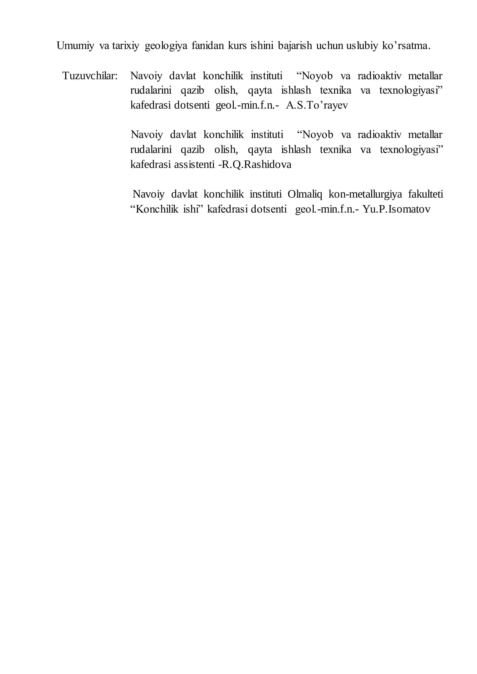 UMUMIY VA TARIXIY GEOLOGIYA FANIDAN KURS ISHINI BAJARISH BO’YICHA USLUBIY KO’RSATMA 2