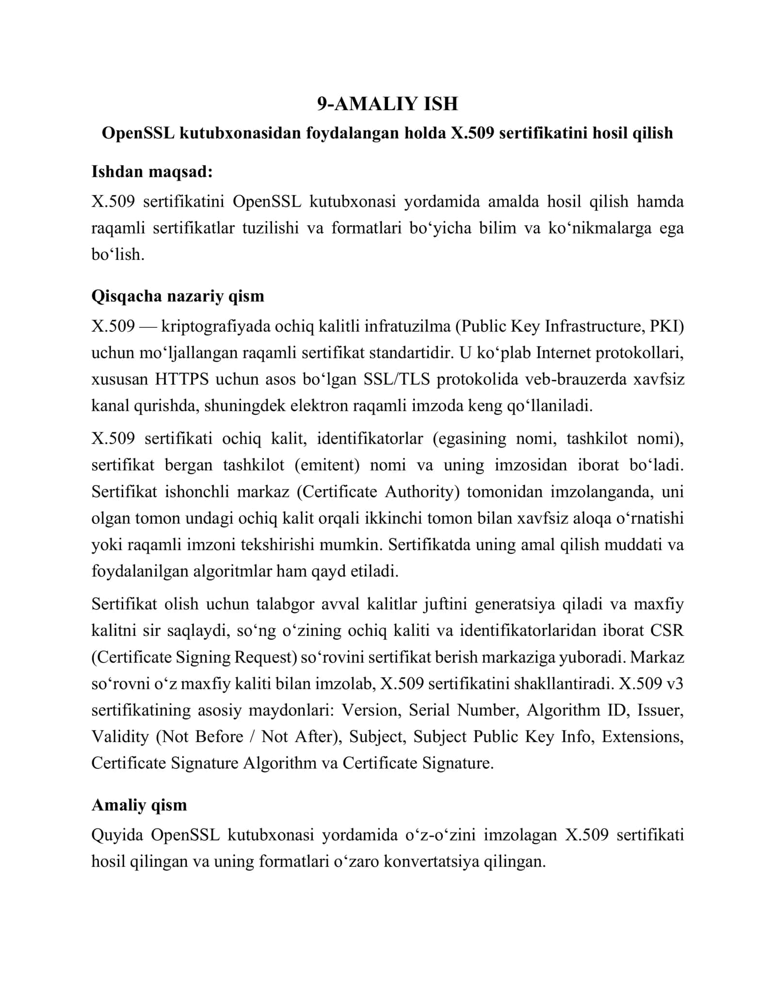 Open SSL kutubxonasidan foydalangan holda X.509 sertifikatini hosil qilish bilim va ko‘nikmalarga ega bo‘lish 2