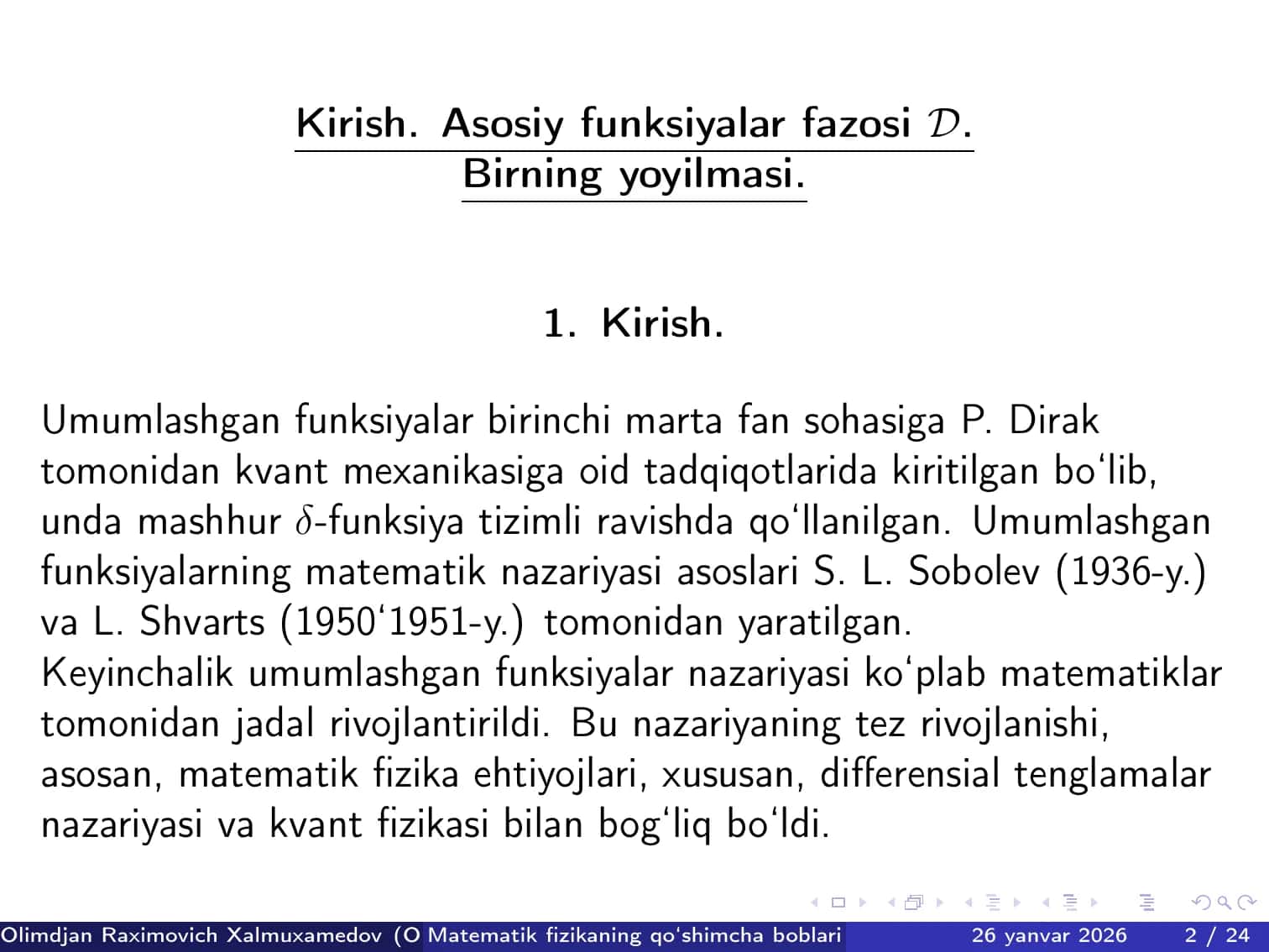 Umumlashgan funksiyalar. Asosiy funksiyalar fazosi 2