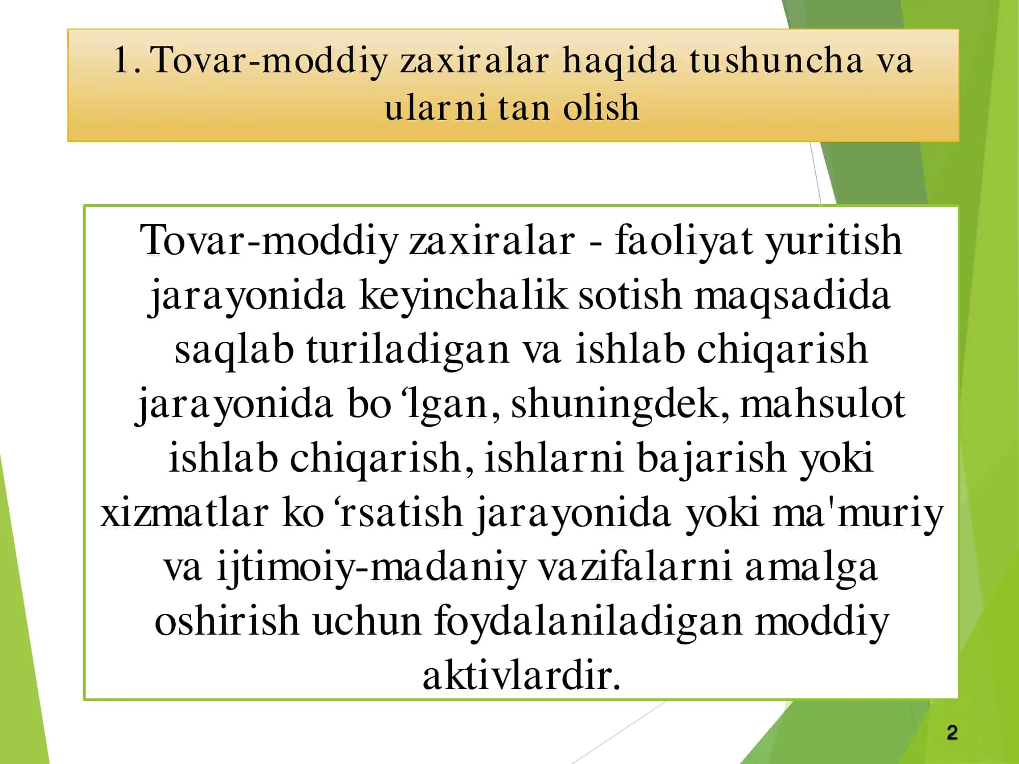 TMZlarni tan olish, baholash va uni moliyaviy hisobotda aks ettirish qoidalari. 2