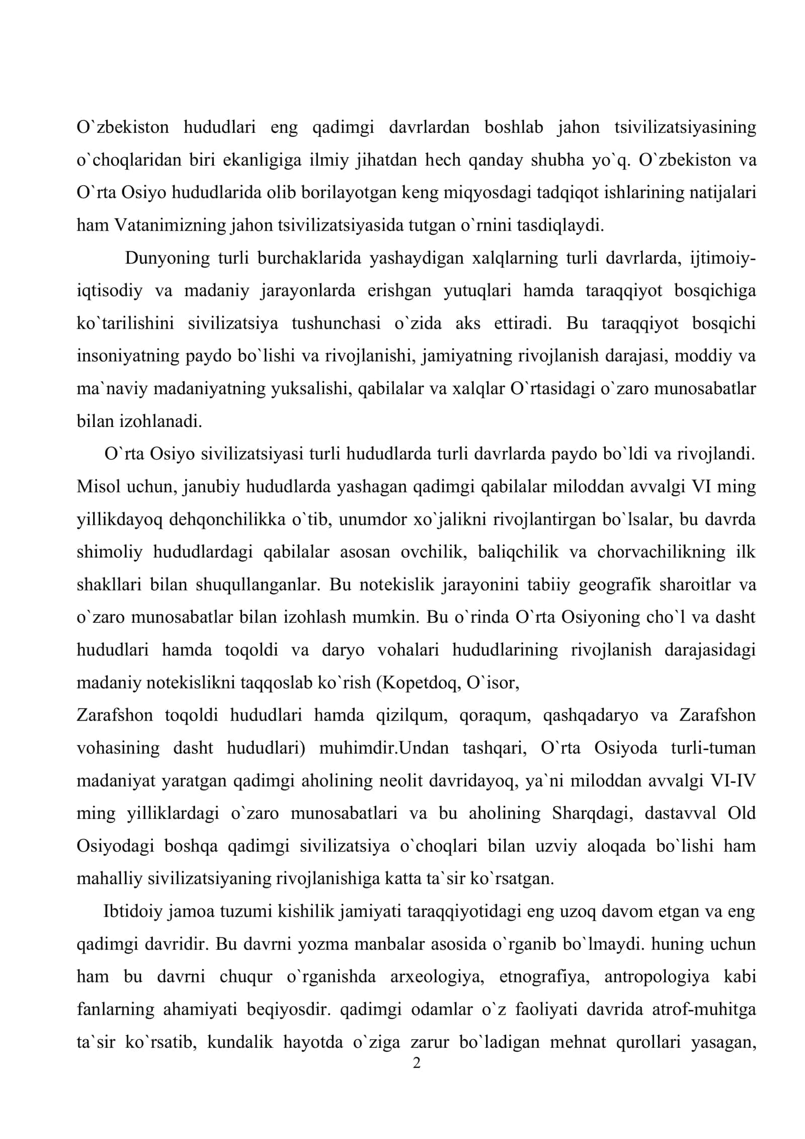 O`zbеkiston insoniyat taraqqiyotining qadimgi o`choqlaridan biri 2
